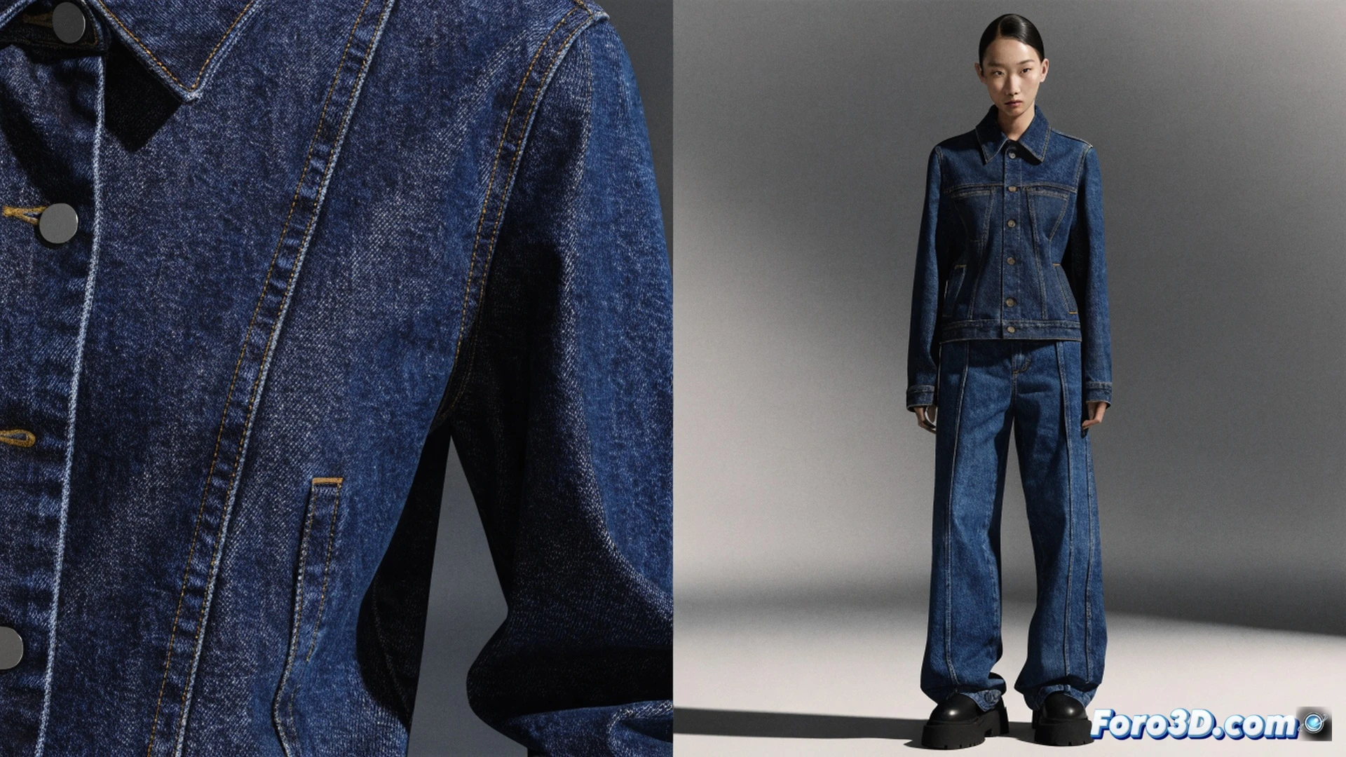 minimalist fashion design process, single pair of blue jeans laid flat on a white drafting table, tailored denim jacket suspended from a chrome rack, scissors cutting a loose thread near the jacket sleeve, flat-lay technical illustration style, crisp fabric textures, soft diffused studio lighting, monochrome background with subtle grey gradient, photorealistic product render, clean geometric composition, no text or labels visible