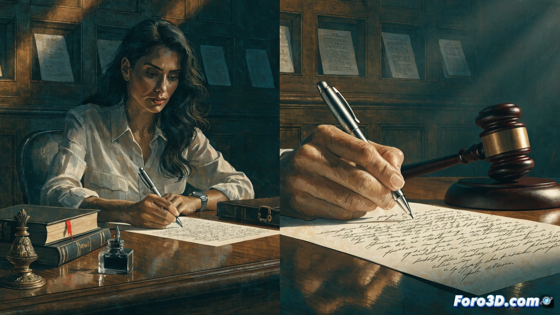 A woman in a formal suit sitting at a wooden desk, holding a pen while writing on a technical document with official government headers, a judge’s gavel and a magnifying glass on the table, a blurred computer screen in the background displaying an emergency alert software interface, photorealistic cinematic lighting, shadowed legal office atmosphere, sharp focus on the hand movement during the writing action, demonstrating the forensic examination process, technical illustration style