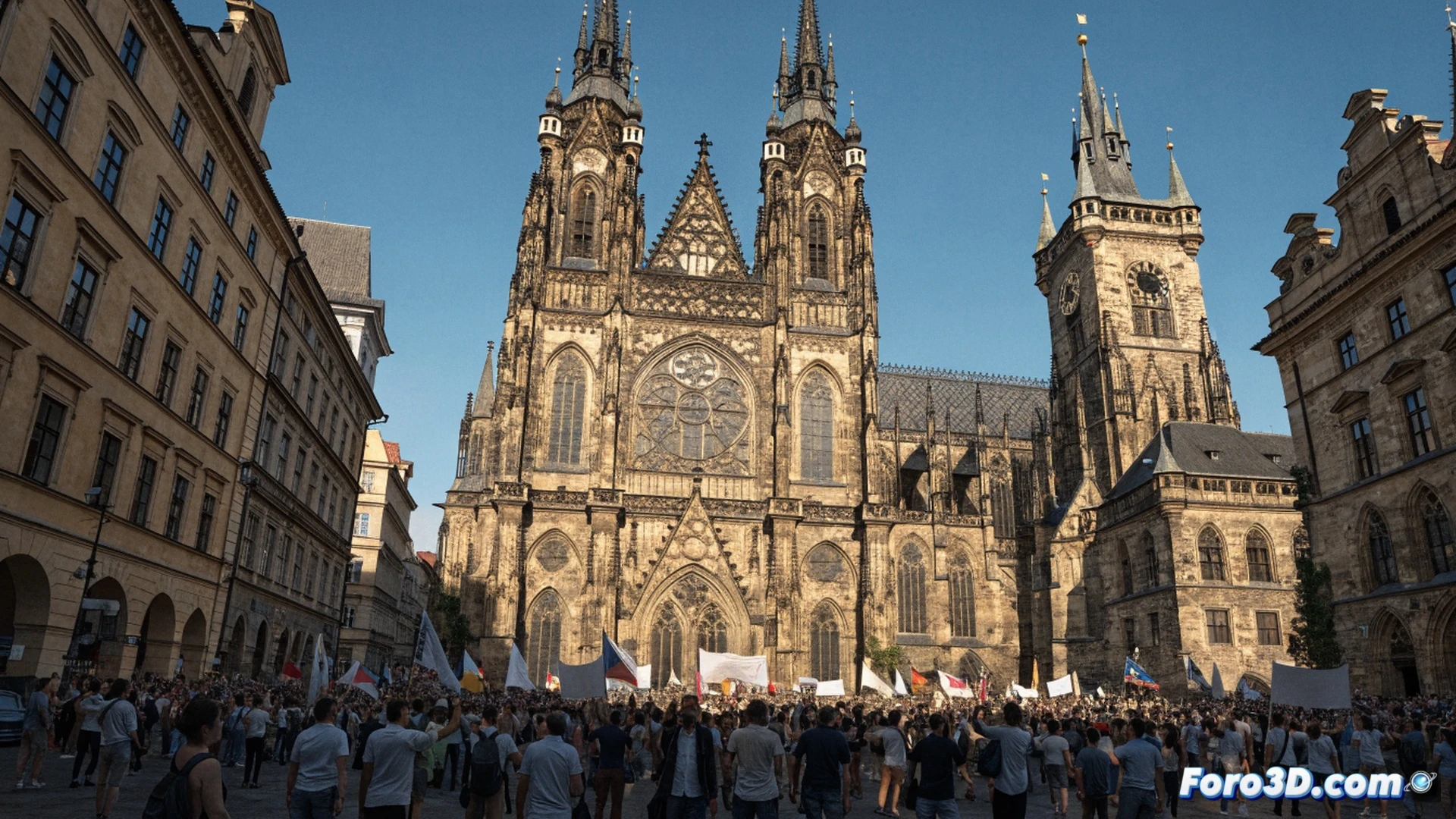 Massive crowd in Prague central square holding protest signs, demonstrators surrounding a large screen displaying a financial chart with a 15 percent drop line, government building visible in background with journalists filming, dramatic evening lighting, photorealistic street scene, motion blur in crowd edges, handheld camera feel, detailed banners with Czech text, tension in faces, cinematic documentary style, ultra-detailed urban environment