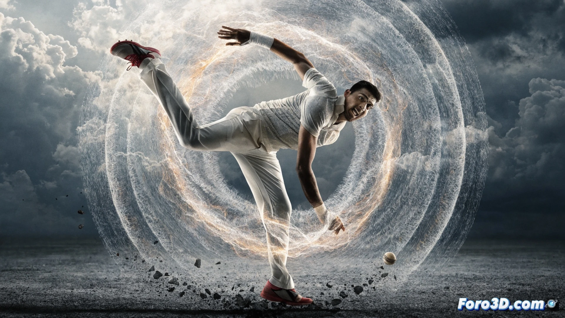 Cricket fast bowler in explosive delivery stride, tall figure generating extreme bounce from dead pitch surface, glowing motion lines tracing ball trajectory at high speed, biomechanical stress visualization on shoulder and hip joints, 3D wireframe overlay showing kinetic chain transfer, cinematic engineering visualization, dramatic stadium lighting, ultra-detailed muscle and tendon anatomy, photorealistic technical render