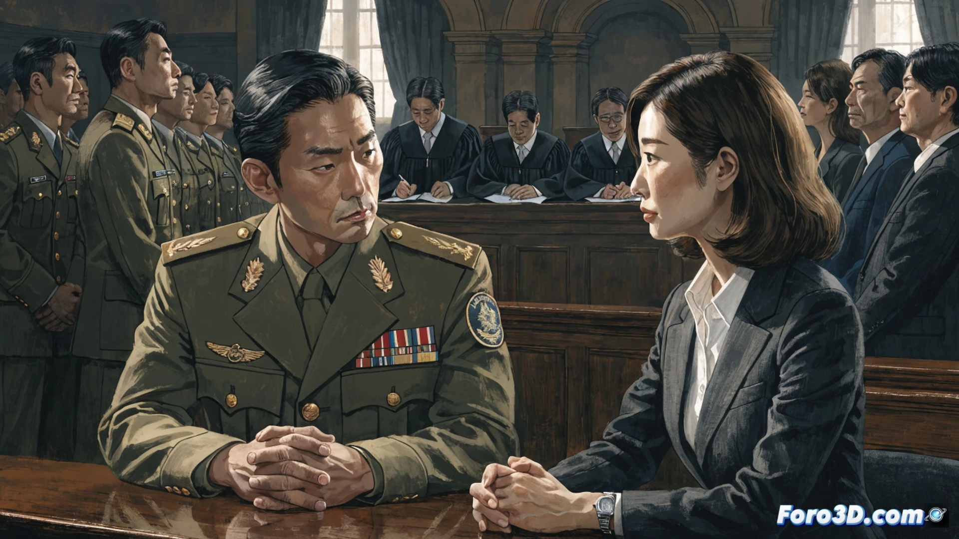 military uniform being forcibly removed from a man while he is handed a female dress by a superior officer, courtroom documents with Japanese legal seals floating in the background, psychological trauma visualized as dark smoke emanating from the victim, photorealistic cinematic style, dramatic shadows contrasting with harsh fluorescent office lighting, detailed fabric textures, official insignia on uniforms, tense body language showing coercion, legal documents with technical annotations, ultra-realistic skin textures and emotional facial expression, forensic evidence marking on documents