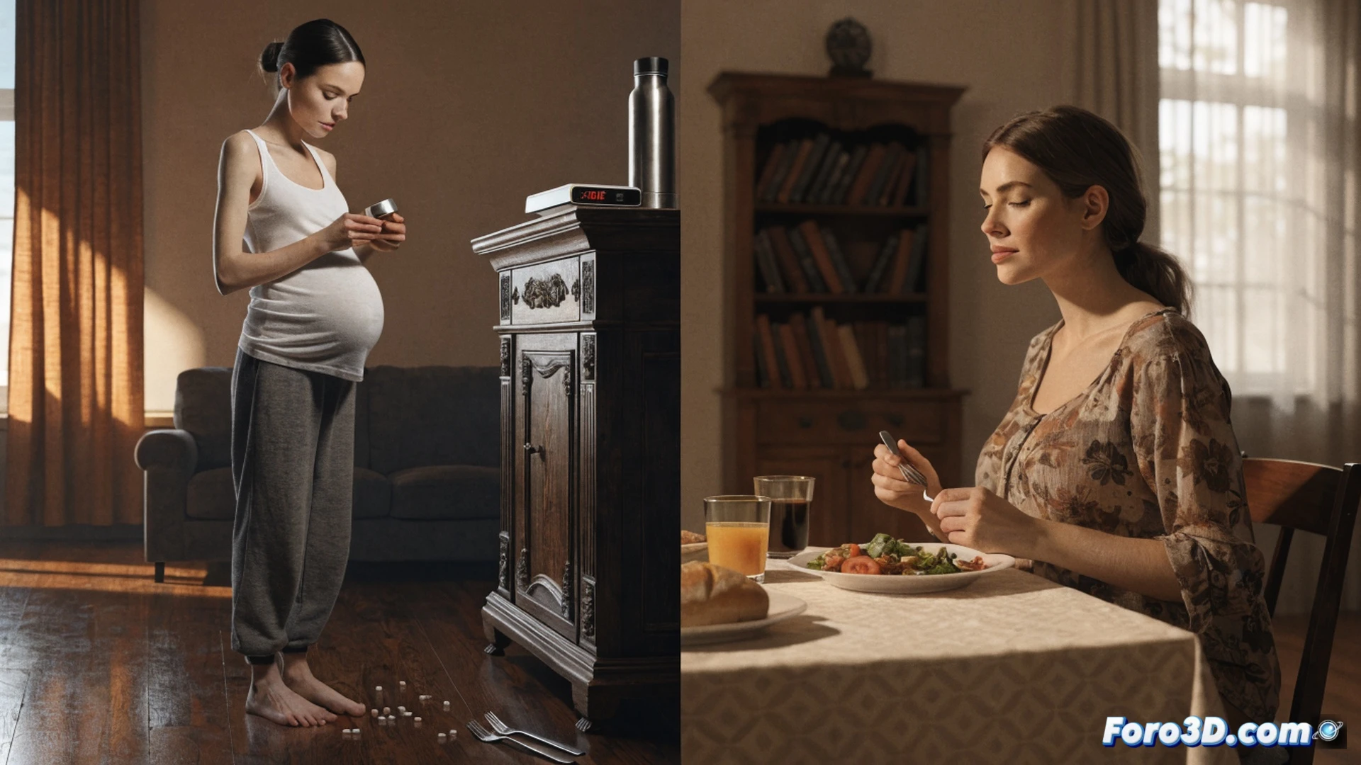 Photorealistic scene of a pregnant woman standing on a digital bathroom scale, one hand gripping her abdomen, the other holding a smartphone showing a calorie-counting app, background kitchen with untouched plate of food and a glass of water, visible anxiety in her tense posture, soft clinical lighting from above, cold blue-grey tones, medical-style composition, ultra-detailed skin texture and fabric folds, sharp focus on scale display and phone screen, subtle shadowing emphasizing isolation, cinematic documentary style
