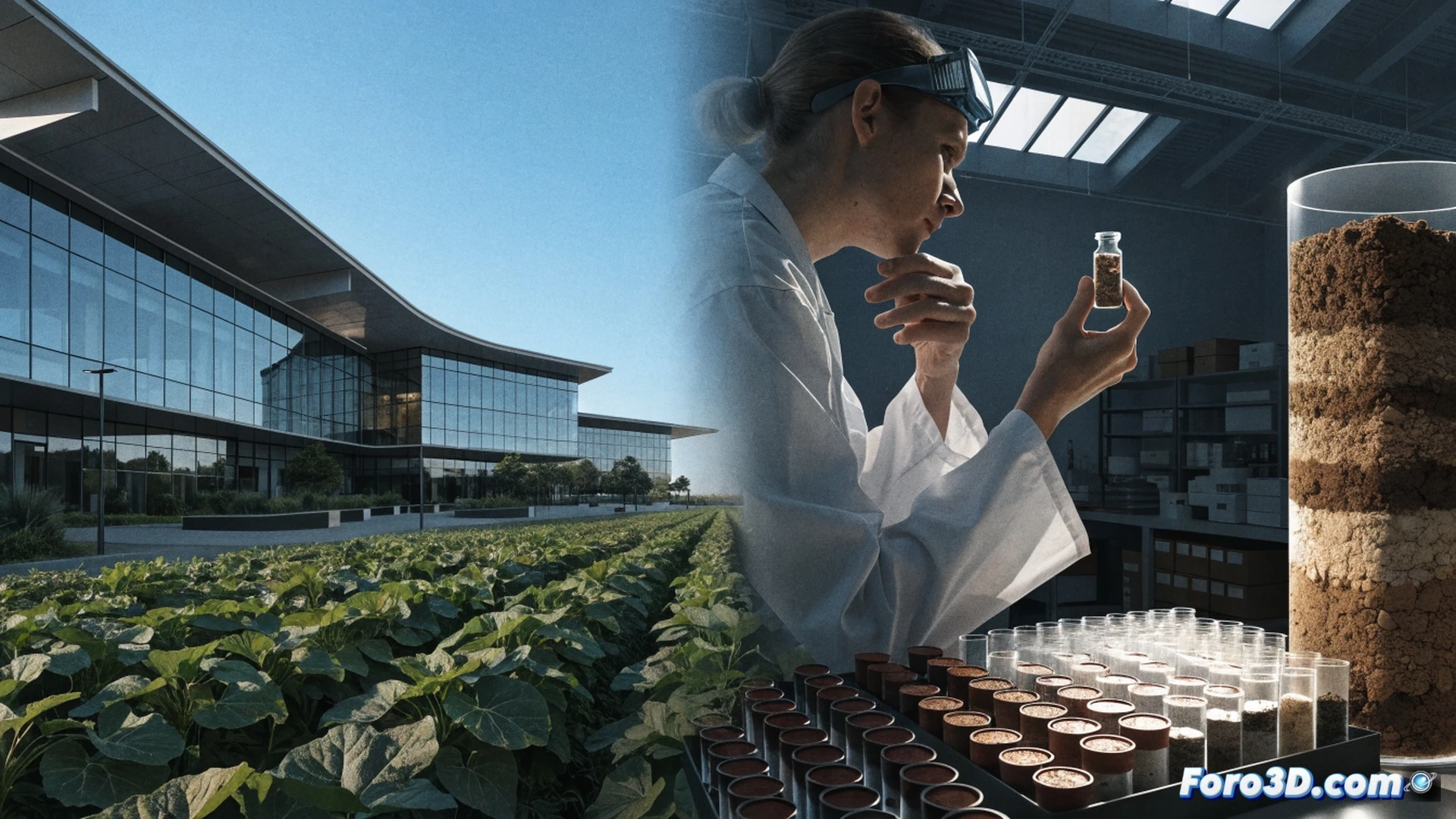 Master student in white coat examining soil samples with digital microscope in modern agronomic lab, precision agriculture drone model on desk, holographic crop growth simulation screen showing irrigation data, large window overlooking green experimental fields, technical engineering visualization, photorealistic lighting, stainless steel lab equipment, focused expression while adjusting microscope lens, subtle blue LED glow from monitoring devices, clean professional environment, ultra-detailed scientific instruments