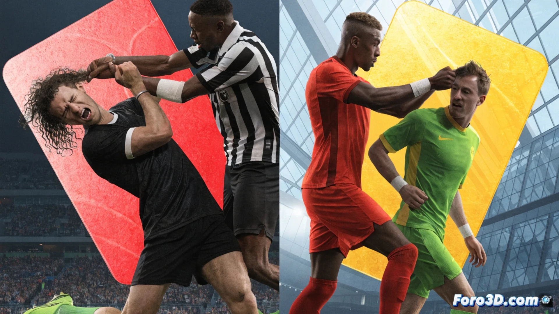 Premier League football match scene during a controversial moment, player gripping opponent hair with hand, referee showing yellow card while second official reviews tablet replay, stadium crowd reacting, split-screen action showing slow-motion close-up of hand pulling hair strands versus standard play continuing, cinematic sports photography style, dramatic stadium floodlights, grass texture detail, dynamic motion blur on running players, photorealistic technical illustration, high contrast shadows, ultra-detailed fabric wrinkles and hair tension
