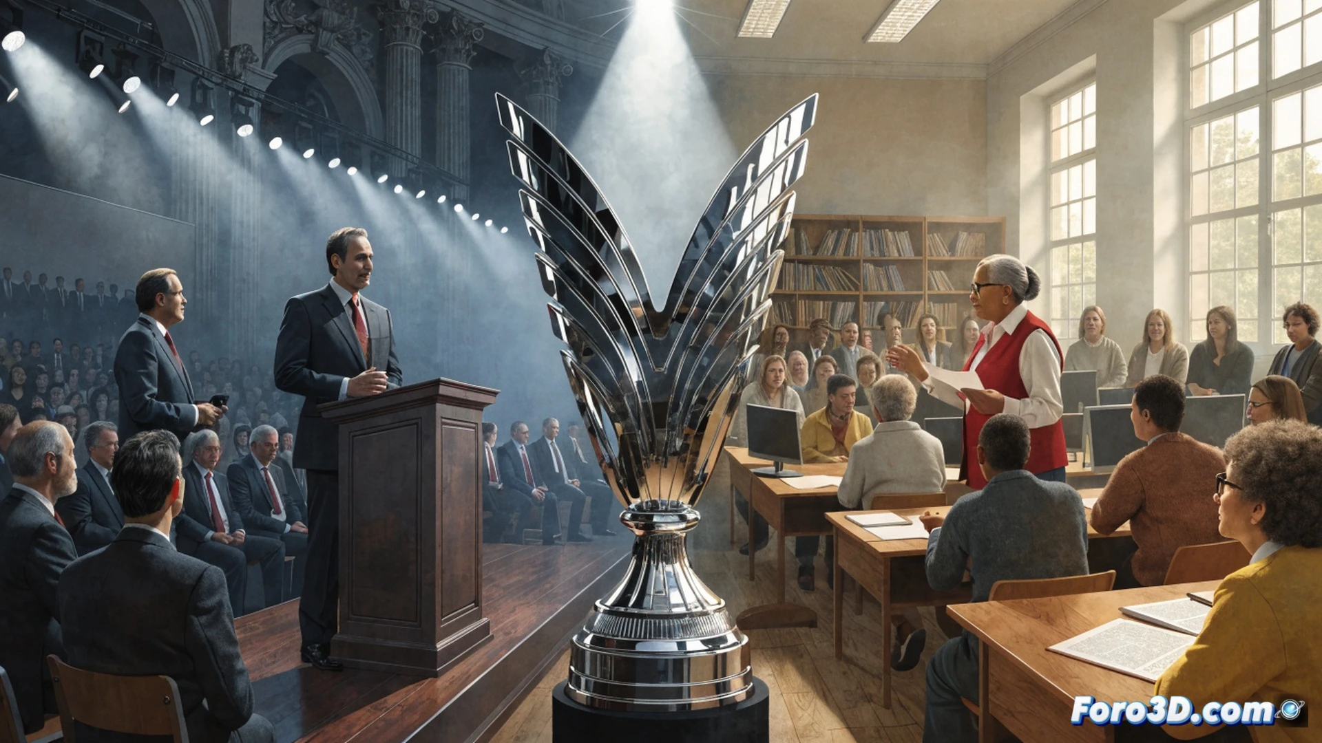 empty wooden podium with a single golden medal on a red velvet cushion, spotlight illuminating the medal while shadows cover a row of empty school desks and a neglected neighborhood council meeting table in the background, a lone figure walking away from the podium toward a glowing computer screen showing a community planning software interface, cinematic photorealistic technical illustration, dramatic chiaroscuro lighting, dust particles floating in the beam of light, stark contrast between ceremonial stage and everyday civic tools, ultra-detailed textures of worn wood and polished metal, melancholic atmosphere
