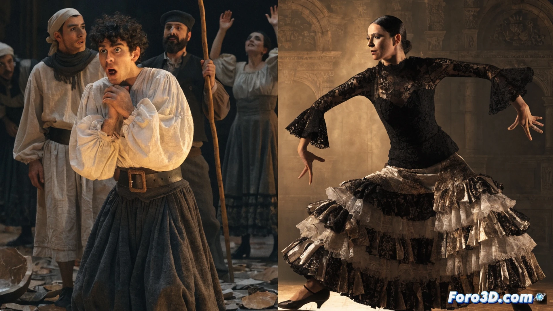 Spanish stage production scene with dramatic spotlight illuminating a dancer in fluid motion while three theatrical masks float above a minimalist stage, technical lighting rigs visible with focused beams creating shadow patterns, wooden floor reflecting warm amber light, dancer's flowing skirt creating dynamic spiral shapes mid-twirl, stagehands adjusting pulleys and counterweights in background, cinematic theater photography style, shallow depth of field with soft focus on mechanical fly system cables, photorealistic render with subtle lens flare from stage lights, dust particles suspended in light beams, rich crimson and gold color palette, ultra-detailed fabric texture, dramatic chiaroscuro lighting