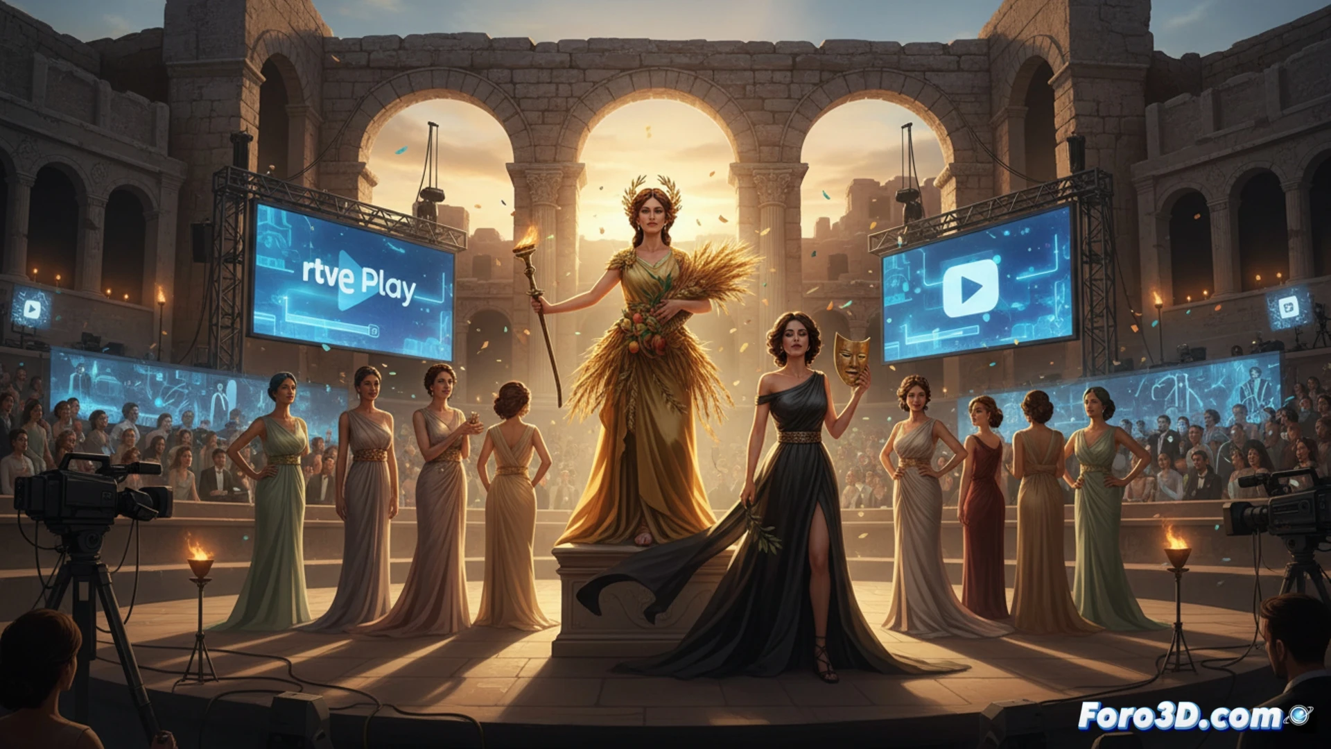 Teatro Romano de Mérida iluminado, diosa Ceres y Margarita Xirgu en escena, streaming de RTVE.