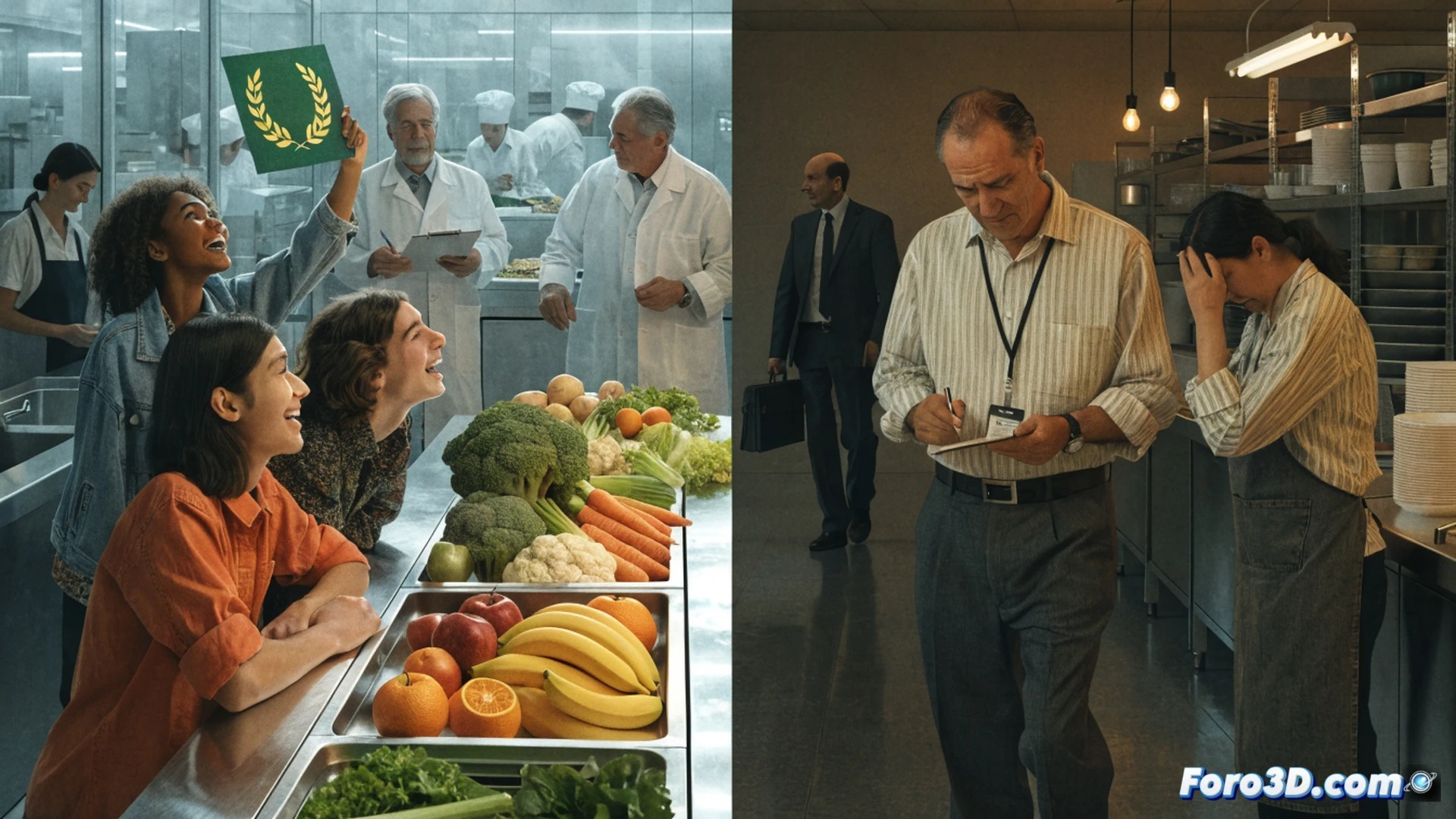 school cafeteria kitchen interior, two contrasting scenes side by side, left side shows a gleaming stainless steel counter with fresh organic vegetables and a golden trophy labeled in abstract shapes, right side shows a broken industrial oven with empty shelves and a handwritten menu board with faded chalk markings, a single student in uniform walks through the middle holding an empty tray, dramatic chiaroscuro lighting, cinematic photorealistic style, high contrast shadows, worn tile floor, steam rising from left side only, visible inequality in food preparation infrastructure, ultra-detailed textures of rust and fresh produce, technical documentary photography aesthetic