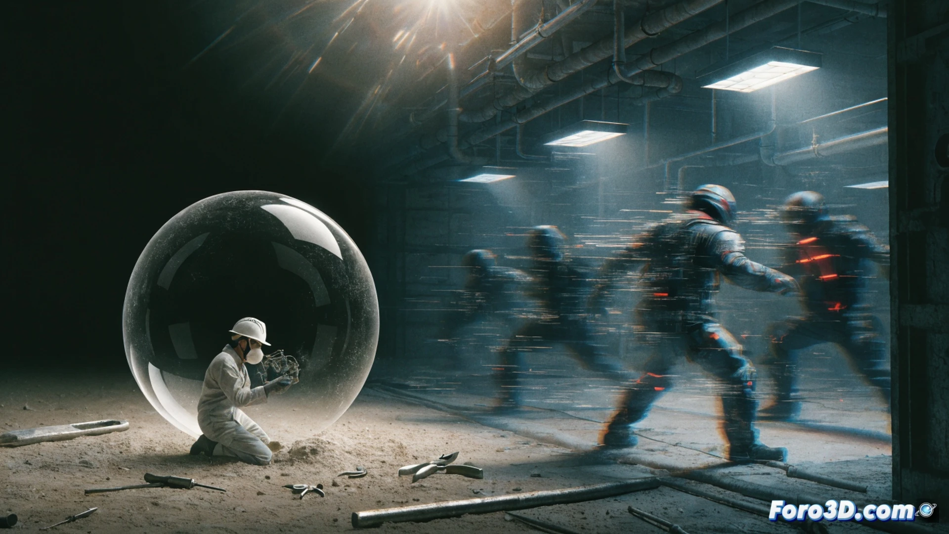 VFX artistas en una sala de postproducción, puliendo manualmente el reflejo de un casco espacial en una pantalla de edición, mientras el metraje muestra un plano fugaz de dos segundos, herramientas digitales como curvas de color y nodos de composición visibles en monitores, cronómetro en pantalla marcando tiempo de metraje desperdiciado, realismo técnico extremo en el casco contrastando con un fondo narrativo borroso e ignorado, iluminación de estudio fría, estilo cinematográfico técnico, fotorealista, detalle hiperrealista en texturas de software y hardware