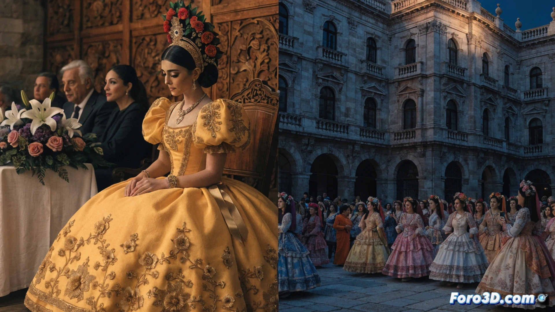 fallera candidates in traditional valencian floral dresses walking across a ceremonial stage under warm golden afternoon sunlight, twelve women holding numbered sashes while smiling toward a crowd of spectators, technical lighting rigs and cameras capturing the event, architectural details of a fallas casal building in the background, stagecraft equipment visible including microphones and sound speakers, photorealistic cinematic style, festive atmosphere with confetti particles suspended in air, dramatic shadows from low-angle sun, ultra-detailed embroidery on dresses, cultural celebration scene, high-resolution editorial photography aesthetic