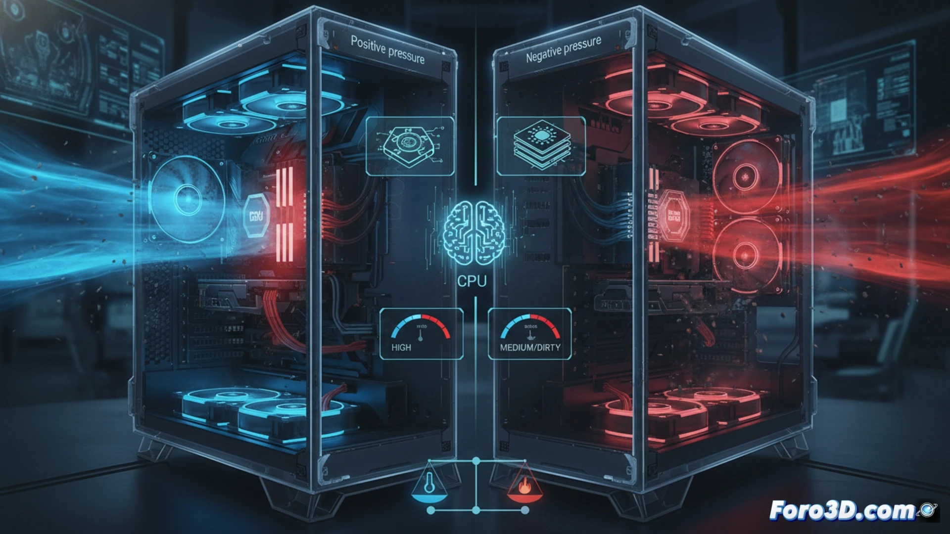 Estación de trabajo 3D con ventiladores RGB y chasis abierto mostrando flujo de aire y disipación térmica