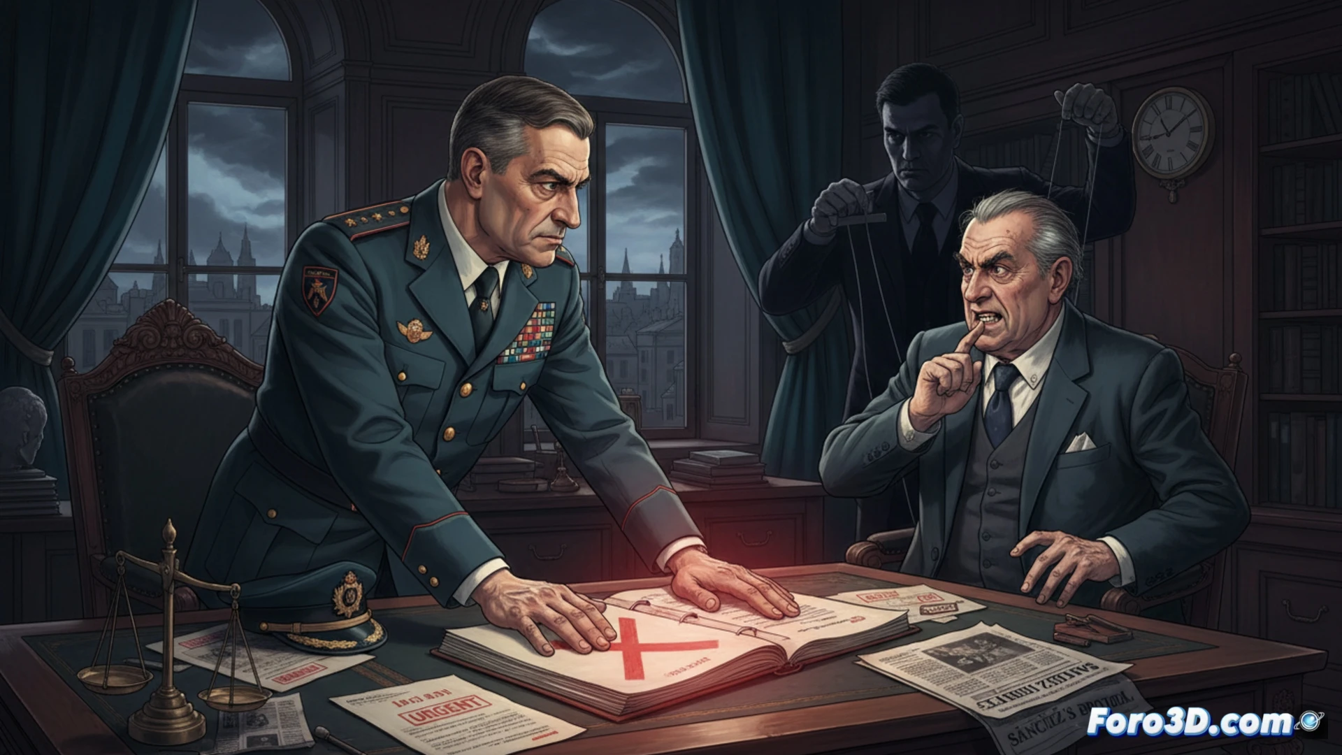 Guardia Civil officer placing a sealed manila folder onto a cluttered wooden desk, another officer in uniform gesturing firmly while pointing at a digital tablet showing a document with redacted sections, a computer monitor displaying a blurred email interface with an urgent flag icon, tension visible in clenched fists and stiff posture, office environment with filing cabinets and a Spanish flag in background, harsh overhead fluorescent lighting casting sharp shadows, photorealistic cinematic style, dramatic chiaroscuro effect, high-contrast scene emphasizing authority and pressure, detailed textures of uniform fabric, leather chair, and paper documents