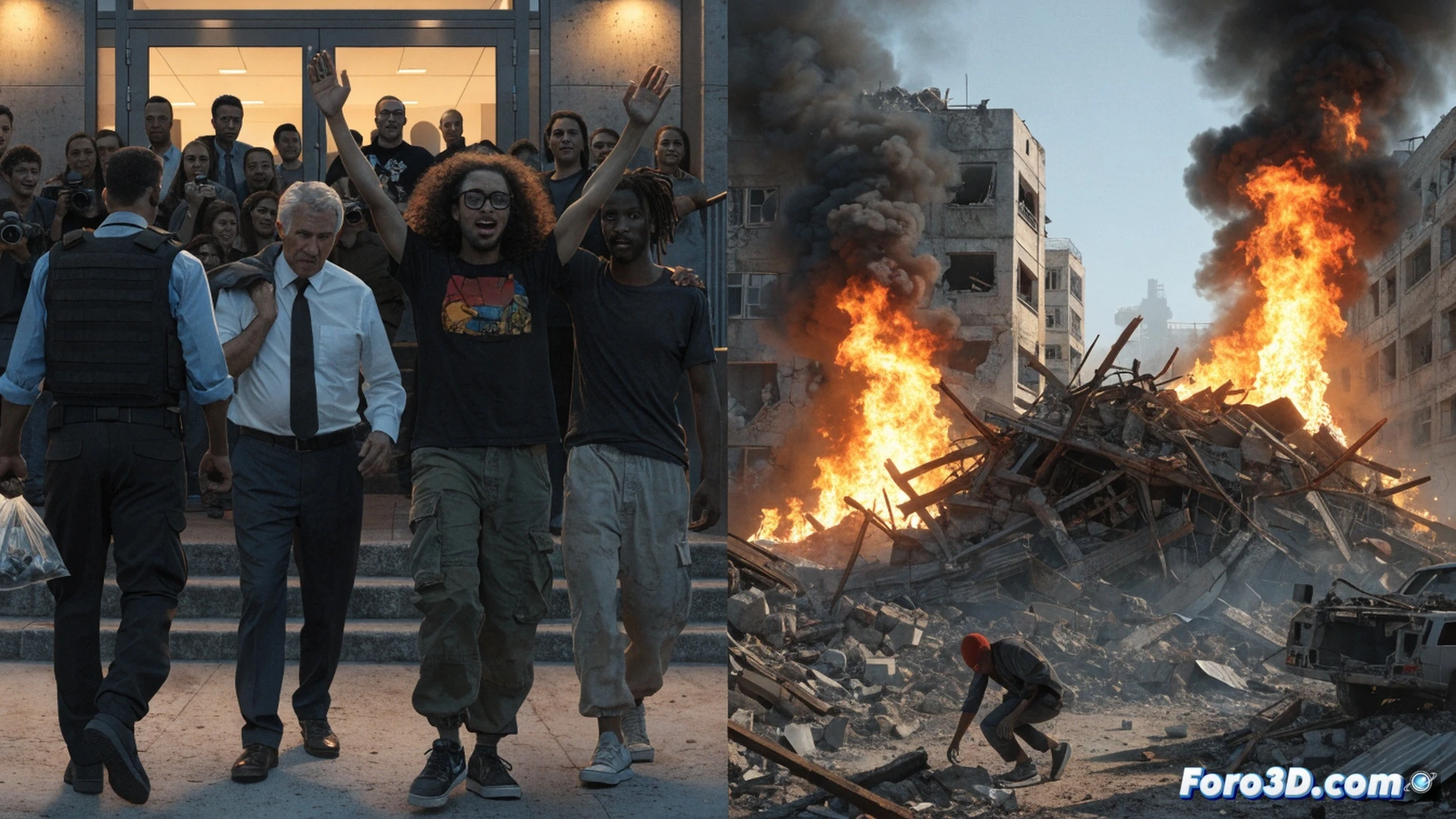 international activists behind a barbed-wire fence, one pressing a laptop with a live satellite map of Gaza showing bomb craters and blocked aid trucks, another holding a broken megaphone while a military drone hovers overhead, contrasting a freed activist walking away in the background with a burning hospital in the distance, cinematic photorealistic style, harsh sunlight casting long shadows, smoke plumes rising, metallic fence reflections, gritty texture on concrete barriers, ultra-detailed hardware like radio antennas and surveillance cameras, dramatic wide-angle composition