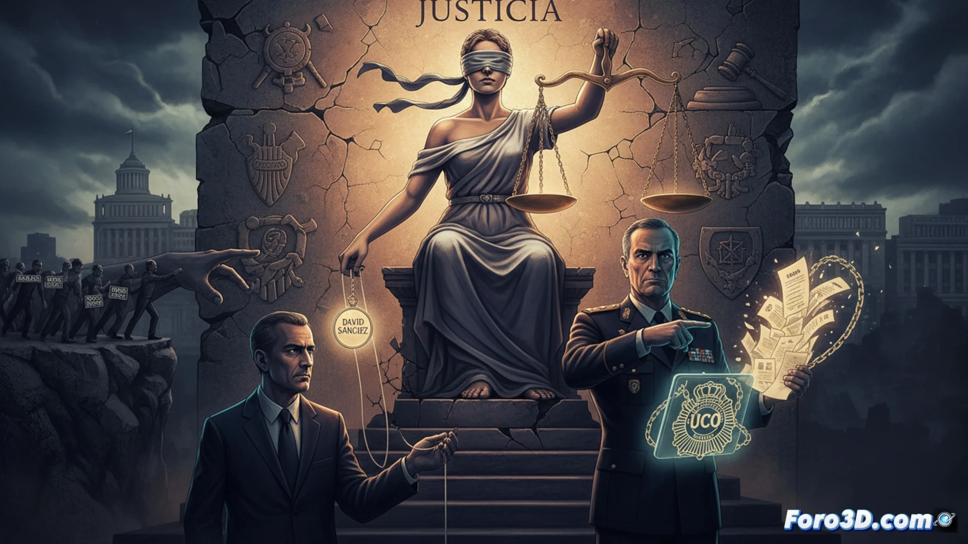 Cinematic scene of a blindfolded female judge examining a magnifying glass with a cracked lens, while a shadowy hand in a Guardia Civil uniform reaches from behind to tilt the scales of justice, one side weighted with a document labeled UCO, the other with a political crest, forensic light beams illuminating dust particles, photorealistic technical illustration, dramatic chiaroscuro lighting, metallic badge details, judicial chamber with blurred bookshelves, tension during the moment of deliberate misdirection, ultra-detailed fabric textures, symbolic courtroom atmosphere