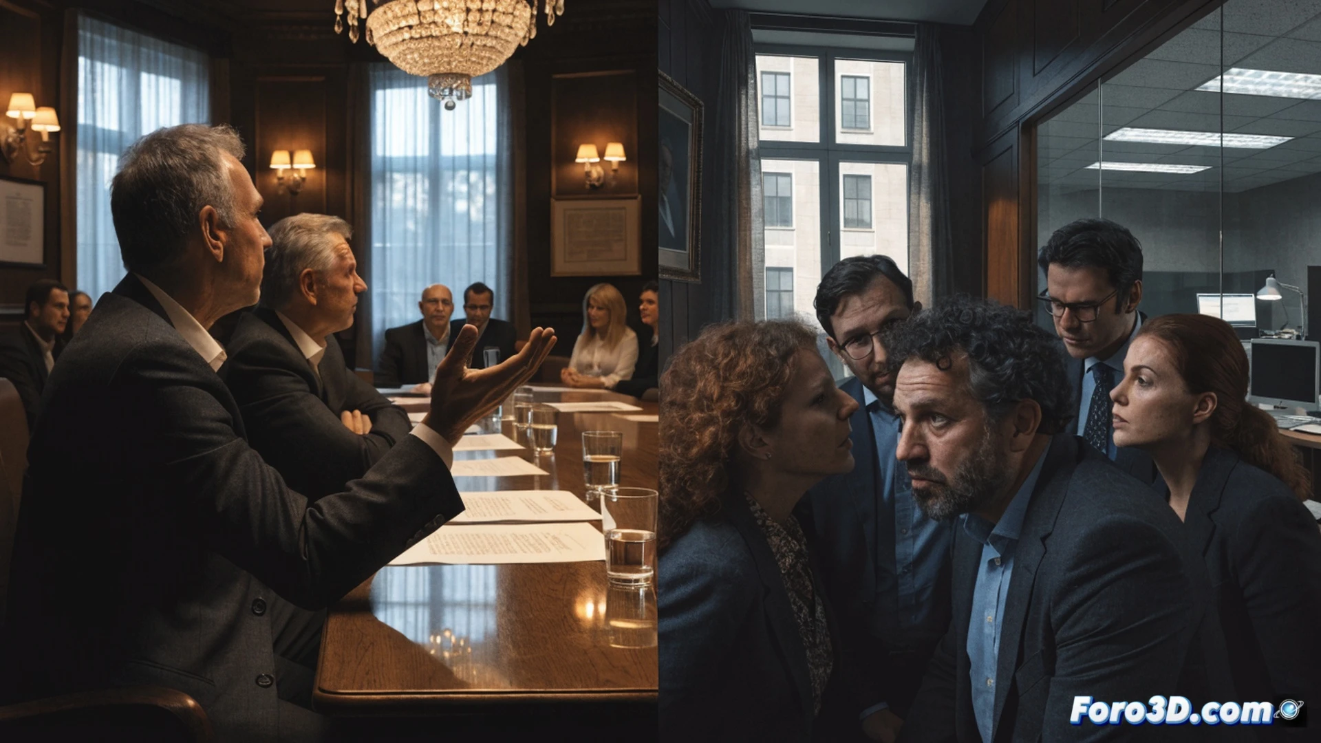 Dos oficiales de la UCO en una sala de interrogatorios, uno negando con la mano mientras el otro señala una grabadora sobre la mesa. Detrás, una pantalla muestra organigramas y líneas rojas que conectan nombres borrosos. Un tercer agente sostiene un expediente abierto con documentos técnicos. Estilo cinematic photorealistic, iluminación de claroscuro, sombras duras, ambiente tenso, textura de uniformes y papeles envejecidos, ángulo ligeramente contrapicado, acción de confrontación silenciosa durante la revisión de pruebas.