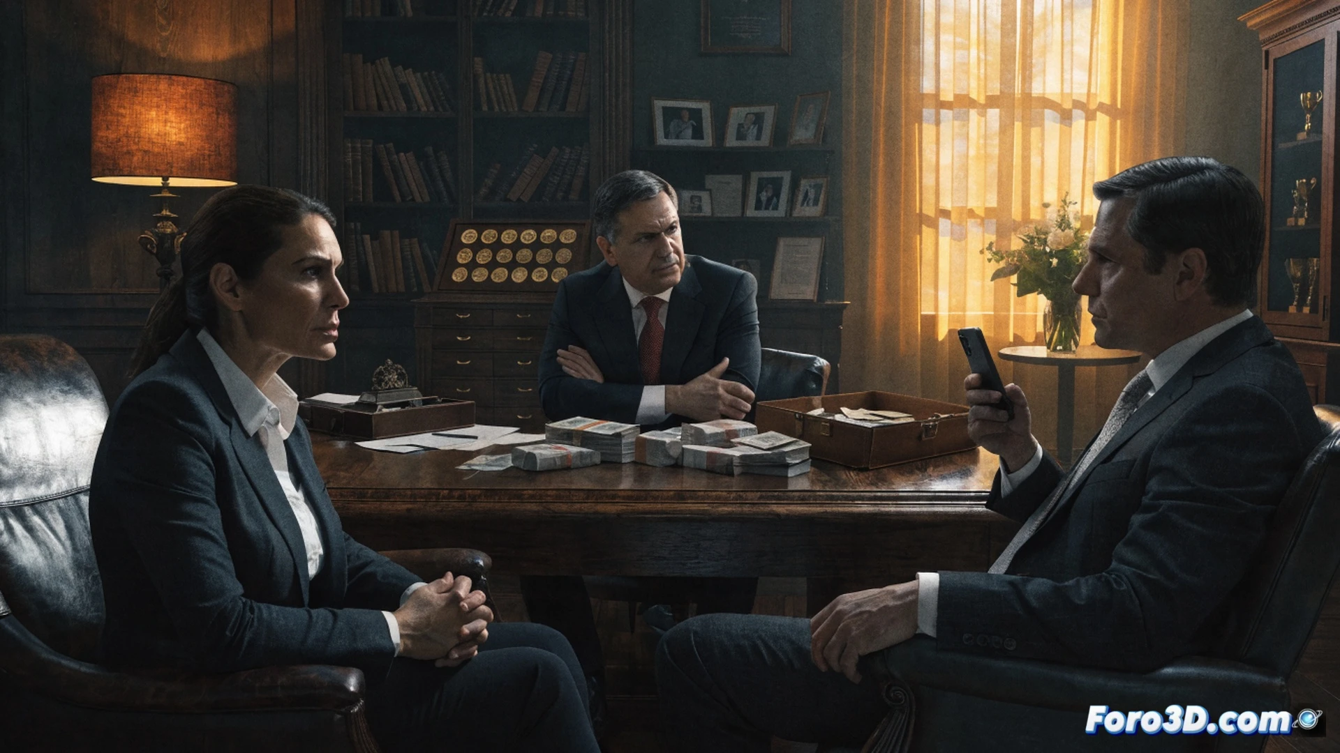cinematic photorealistic scene of a woman in a witness stand handing a stack of documents to a judge, a chauffeur standing behind her, a briefcase bursting with 250,000 euro bundles spilling onto the floor, a luxury car and wedding invitation visible in the background, a politician’s silhouette whispering from a dark corner, security cameras recording the moment, dramatic courtroom lighting, shadows of hands reaching to silence, ultra-detailed textures of leather and paper, tense action of rejection and exposure