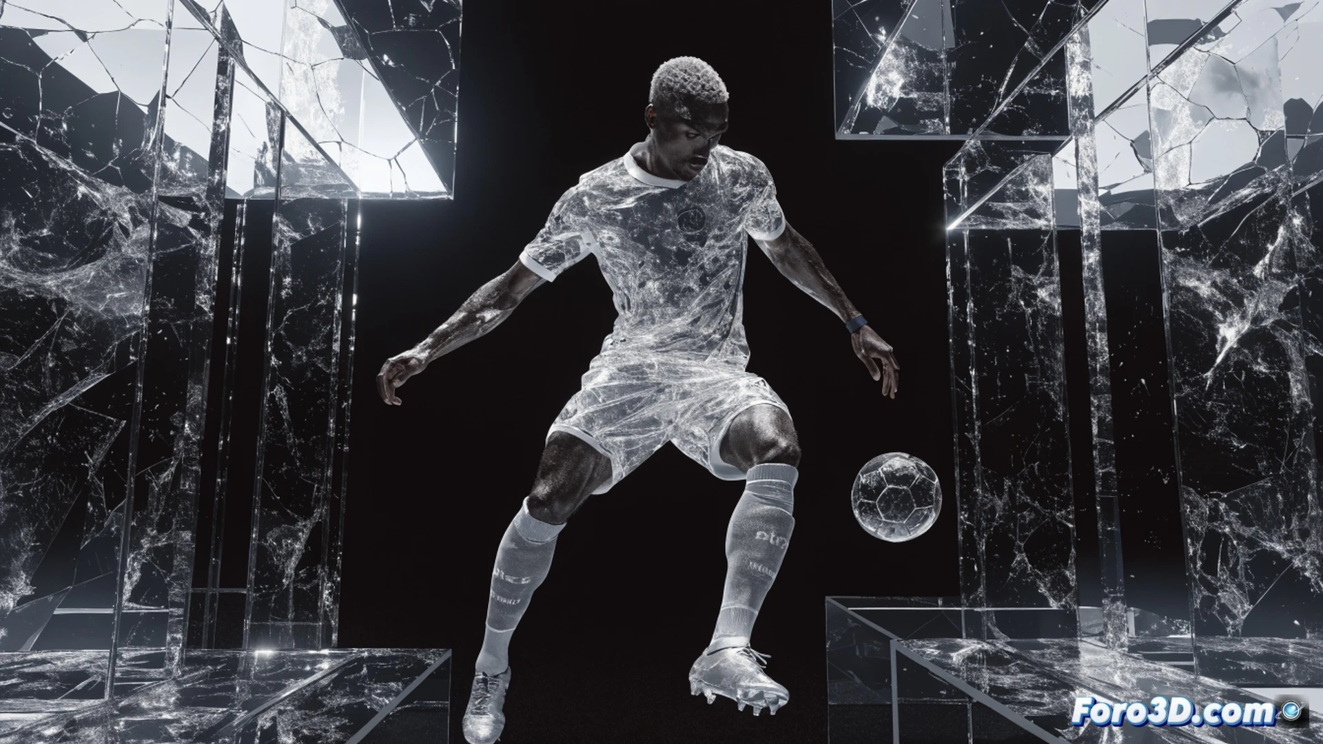 French central defender executing a high-pressure defensive action in a tight space, muscular physique lunging forward to intercept a pass while maintaining perfect balance, one hand on the ground for stability, dynamic motion blur on the attacking player’s boots, translucent glass-like cracks spreading across the defender’s shin guard symbolizing fragility, tactical grid lines on the pitch surface showing defensive coverage zones, 3D wireframe overlay highlighting muscle tension and joint angles during the tackle, cinematic photorealistic render, dramatic stadium floodlights casting sharp shadows, sweat droplets frozen mid-air, ultra-detailed jersey fabric texture, technical illustration style with soft blue and red accent lighting, no text or numbers visible