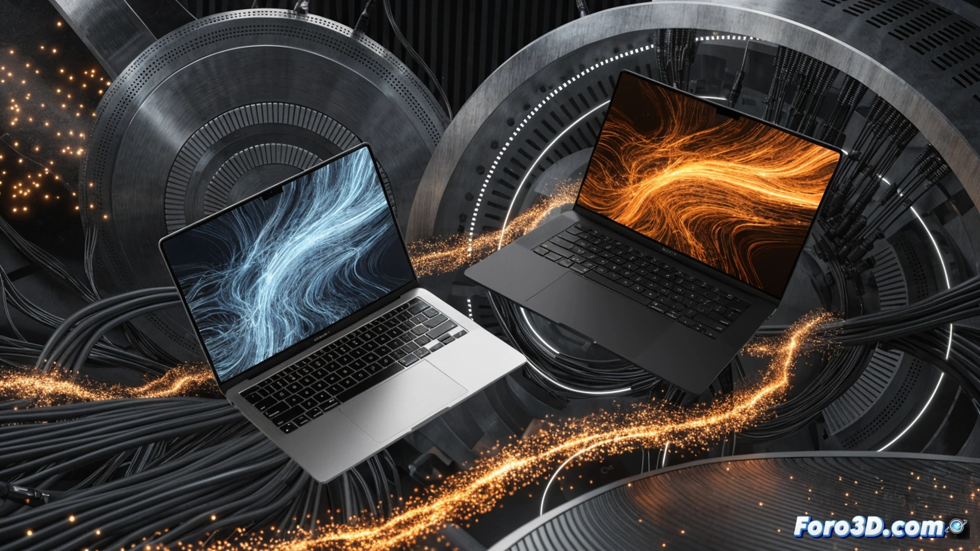 Photorealistic product showcase scene, a sleek MacBook Air M5 and Microsoft Surface Laptop side by side on a glowing digital sales display, a holographic NPU chip floating above each keyboard with pulsing blue light trails, price tags with 38% off symbols dissolving into sparkles, background showing a futuristic tech store aisle with red Prime Day banners, dramatic spotlight highlighting laptop vents and USB-C ports, cinematic lighting with cool blue and warm amber tones, ultra-detailed aluminum finish and keyboard backlight, dynamic motion blur on falling discount numbers, technical illustration style with subtle circuit board patterns reflecting on the table surface