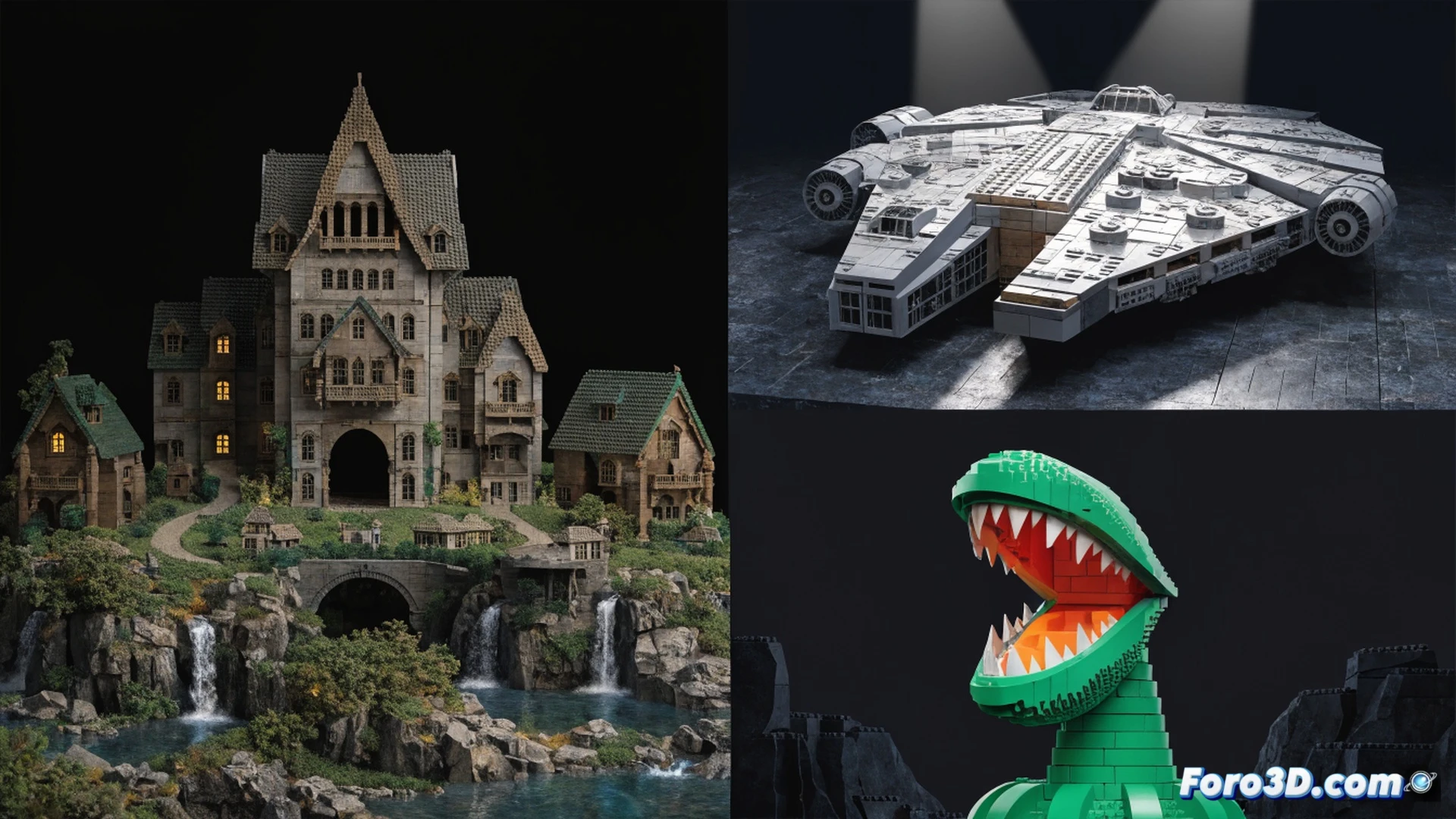Amazon Prime Day sale display with three Lego sets on a glowing digital pedestal, Rivendell castle, Millennium Falcon starship, and Super Mario Piranha Plant, each partially unwrapped with price tags showing discount percentages, a robotic arm demonstrating a scanning process over the boxes, holographic discount badges floating above, cinematic engineering visualization, metallic shelf background with blue LED strips, photorealistic technical render, dynamic motion blur on the arm, dramatic spotlight highlighting the sets