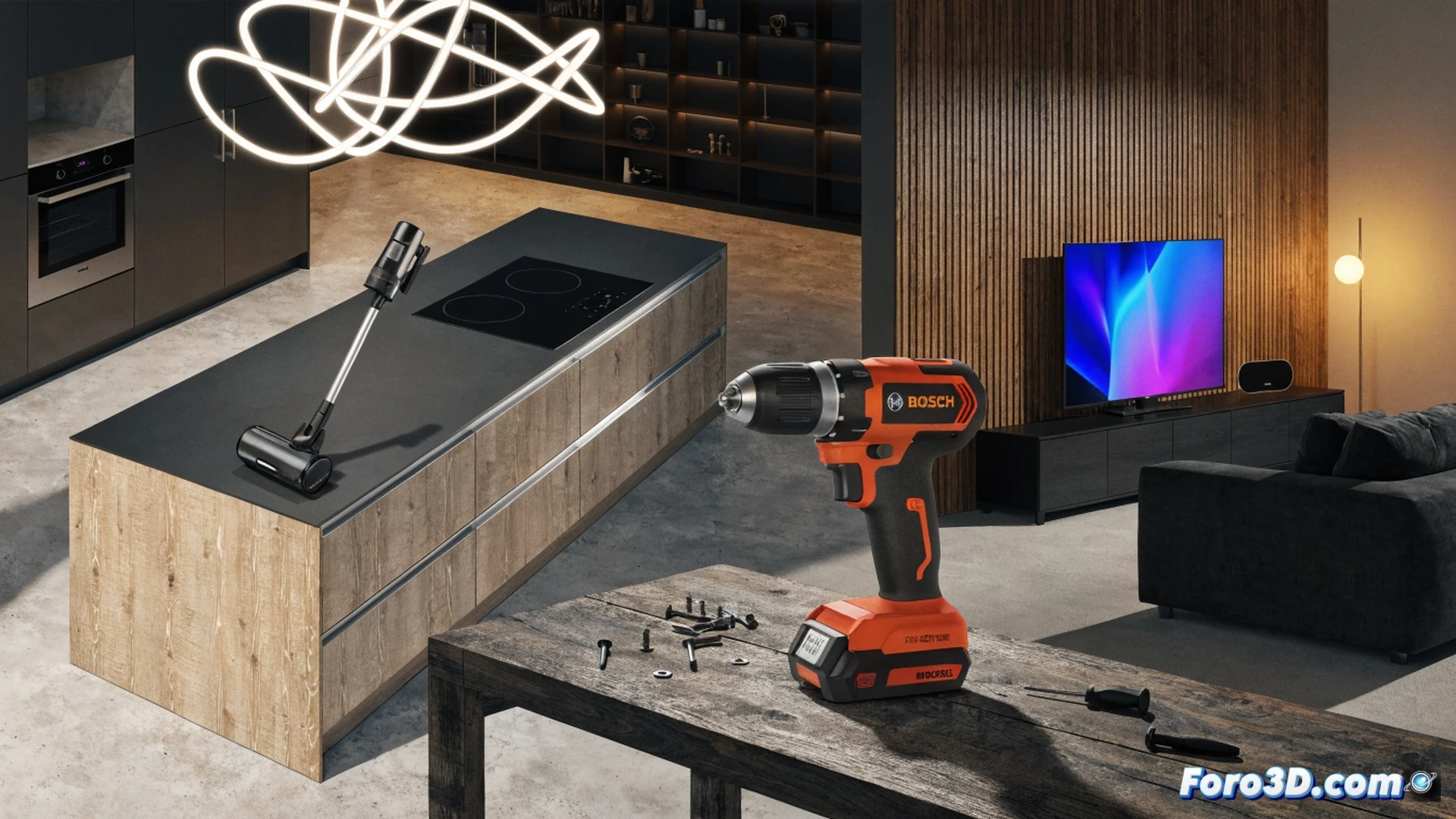 Modern living room scene during Prime Day sale event, a robotic vacuum cleaner autonomously navigating across hardwood floor while a Bosch cordless drill rests on a coffee table next to a Fire TV remote, motion lines showing the vacuum's cleaning path, glowing discount tags floating above the products, cinematic product photography style, warm home lighting with soft shadows, photorealistic interior shot, sleek appliance surfaces reflecting ambient light, clean modern aesthetic, high-end commercial product visualization