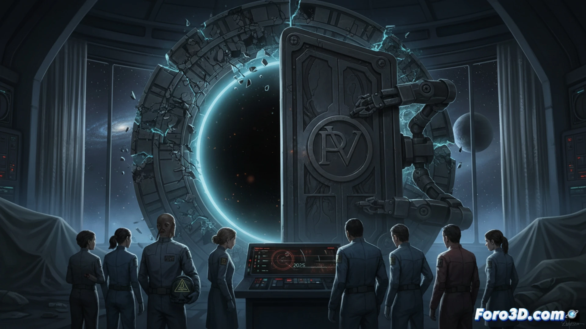 cinematic wide shot of a glowing stargate portal flickering and fading into darkness, sparks falling from a deactivated control console, a technician's hand pulling a power cable from a server rack, holographic blueprints of the gate dissolving mid-air, abandoned sci-fi production studio with empty director chairs and unlit monitors, photorealistic technical illustration, cold fluorescent lighting, dust particles suspended in still air, metallic surfaces reflecting dim emergency lights, silent machinery frozen mid-process