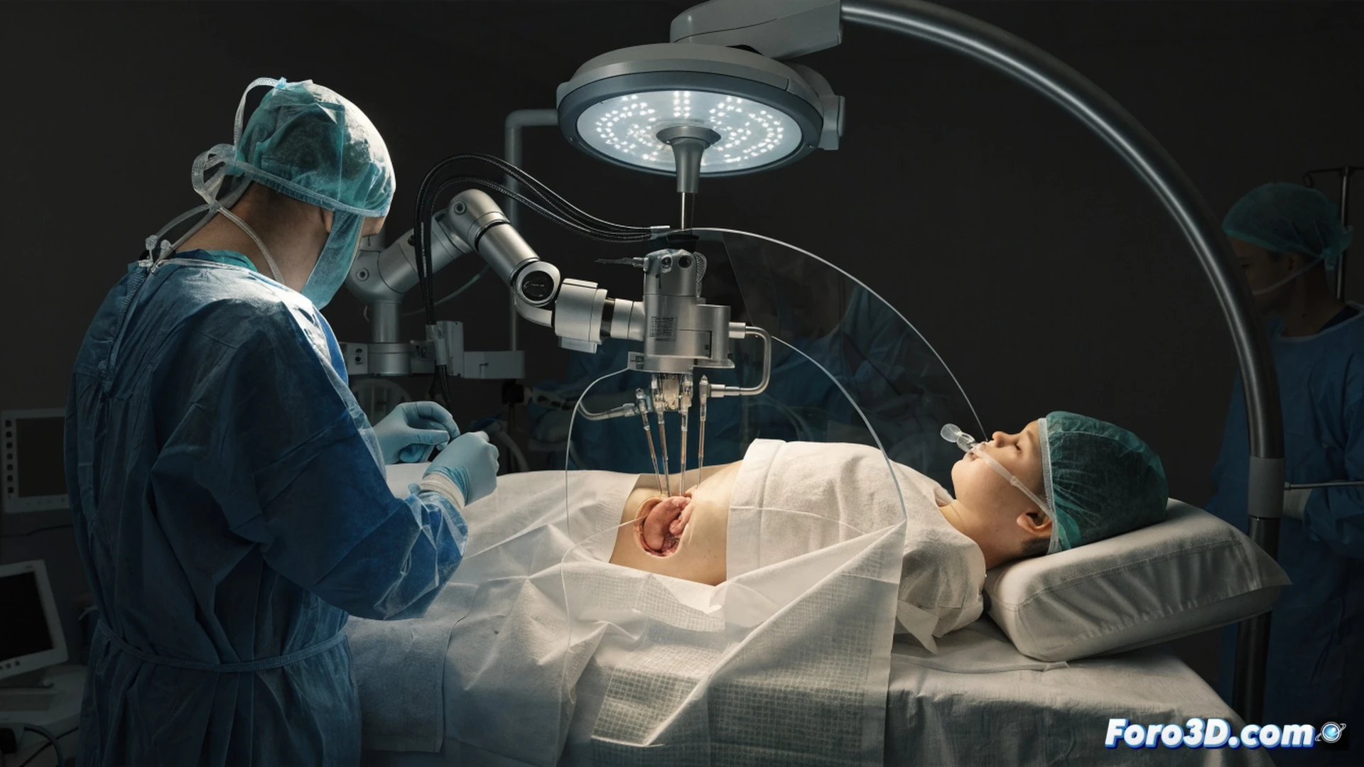 Photorealistic medical illustration of a robotic surgical arm performing a pediatric kidney removal through a single 2.5 cm incision on a child patient, surgeon console in background with holographic anatomical overlay showing kidney and ureter, soft blue operating room lighting, sterile drapes, metallic robotic instruments with articulated joints, minimal blood, calm clinical atmosphere, cinematic technical visualization, ultra-detailed surgical hardware, realistic tissue textures, healing-focused aesthetic
