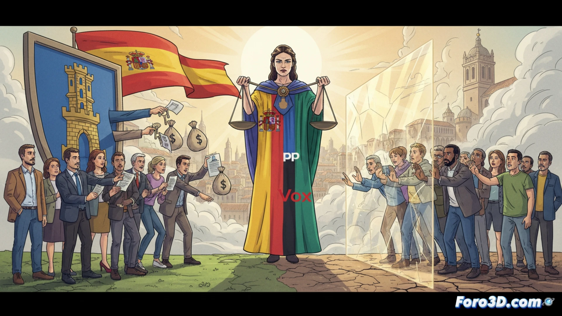 Photorealistic wide-angle scene of a Castilla y León government office interior, a Spanish-born citizen receiving a housing key and employment contract from an official at a desk, while a migrant family stands behind a glass partition watching with worried expressions, their hands pressing against the glass, technical elements include a digital ledger on a tablet showing allocation flowcharts, a wall-mounted screen displaying a pie chart of public funds distribution, dramatic overhead lighting casting shadows, cold blue and warm orange color contrast, ultra-detailed textures on papers and glass, cinematic documentary style