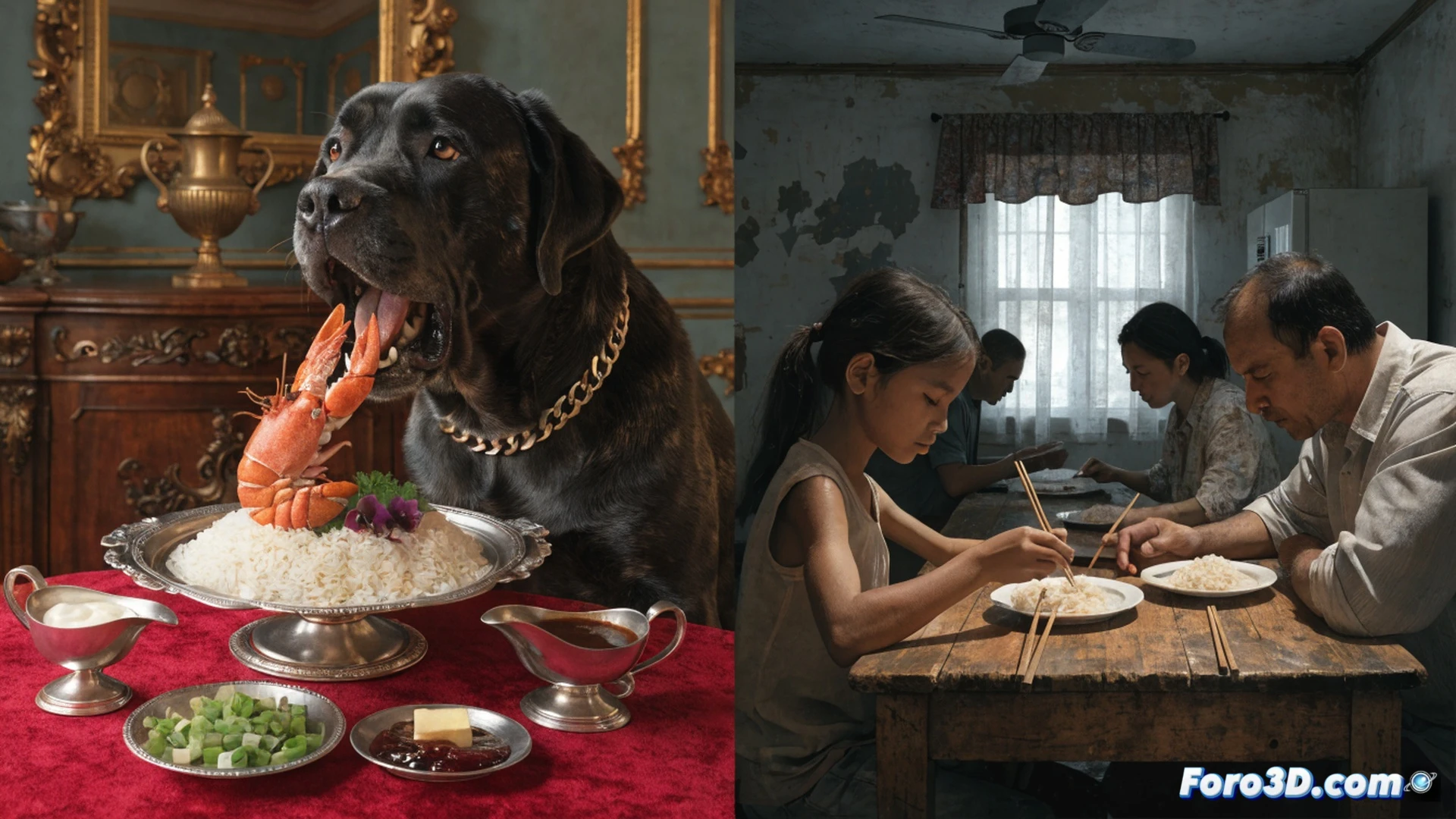 photorealistic kitchen scene split in two halves, left side showing a stainless steel bowl of gourmet pet food with imported ingredients label visible on counter, right side showing a single bag of rice being portioned into small bowls by a hand with worn fingers, digital scale displaying minimal grams, stark contrast between marble countertop and chipped laminate surface, dramatic chiaroscuro lighting casting shadows, cinematic social documentary style, ultra-detailed textures of fabric and ceramic, no text or labels, emotional tension through composition