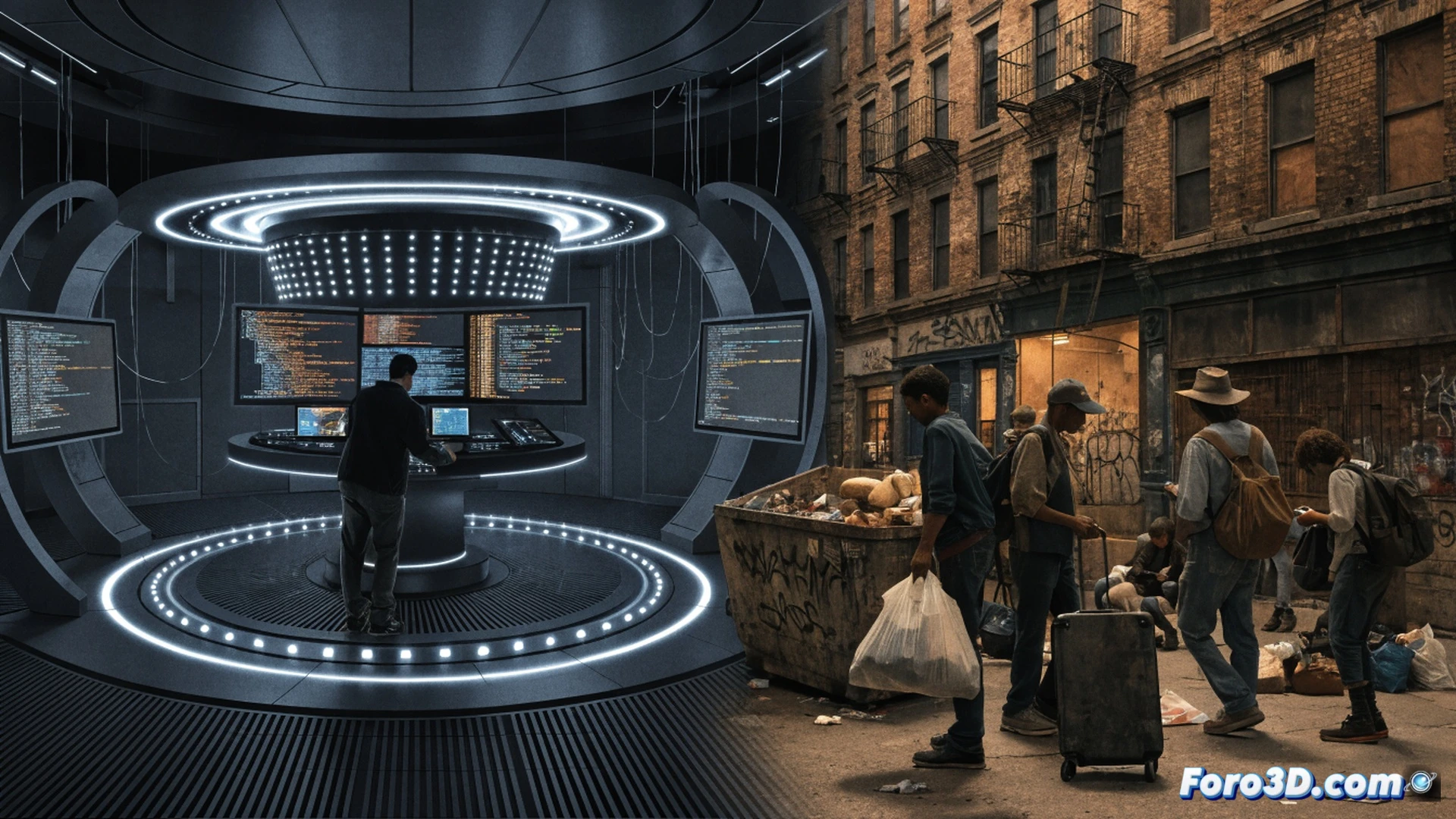 Cinematic scene of a massive digital firewall being constructed with glowing fiber-optic cables and server racks, while a crumbling public hospital and empty housing blocks decay in the background, a single worker welding a network switch ignores a homeless family nearby, photorealistic engineering visualization, dramatic contrast between sterile blue tech lights and warm amber social decay, dust particles floating in dim streetlight, ultra-detailed hardware components, cables tangled like vines, motion blur on welding sparks, dystopian industrial atmosphere, technical illustration style
