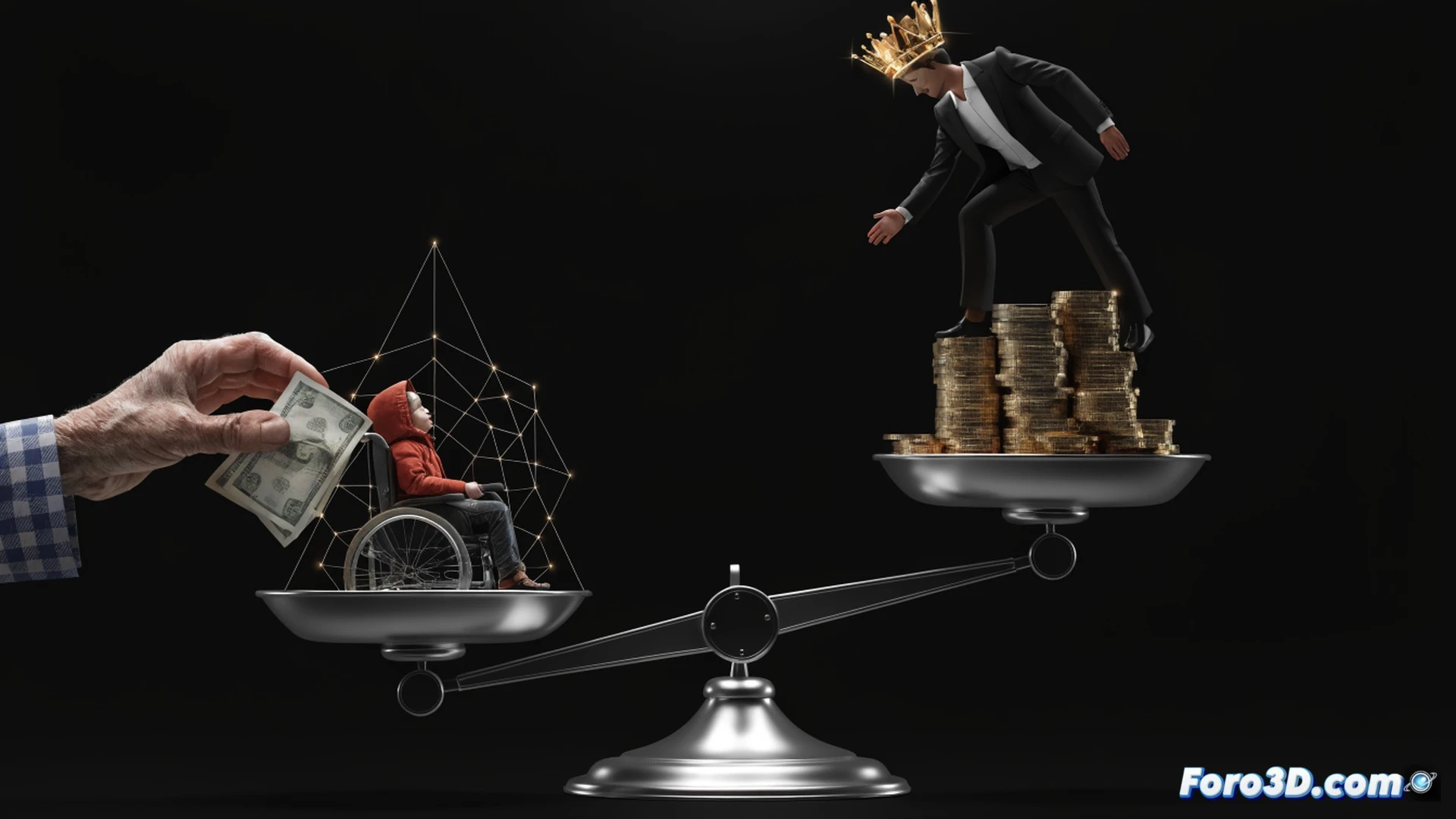 photorealistic technical illustration of a government balance scale, one side holds a glowing shield labeled with a child and disability icon being crushed by a heavy coin labeled budget, the other side shows a magnifying glass over a hidden audit report and a tax pyramid with empty top tiers, a robotic hand adjusts the scale arm while ignoring the crushed side, dark ministerial office background with holographic financial charts showing red arrows, cinematic lighting with sharp shadows, ultra-detailed metal textures, dramatic contrast between polished coins and cracked protective glass, engineering visualization style