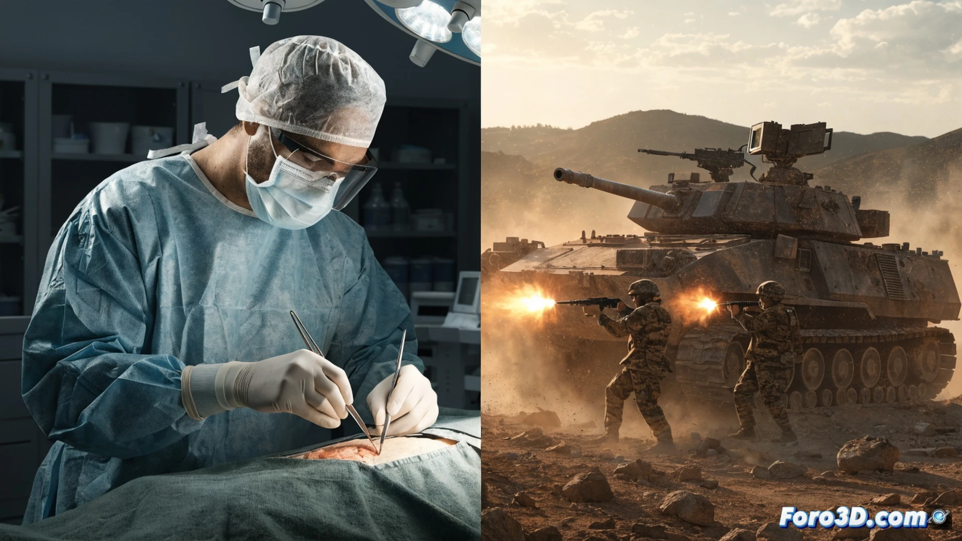 Photorealistic engineering visualization of a hospital building with a collapsing wing, military fighter jets flying overhead casting shadows on the structure, a cracked budget document showing military spending rising while healthcare funds drain, hospital equipment like ventilators and MRI machines shown disconnected and idle, contrast between polished military vehicles in foreground and crumbling hospital walls, dramatic lighting with dark clouds, ultra-detailed textures of concrete decay and metallic aircraft, cinematic perspective from ground level, action of neglect and misallocation demonstrated through structural decay vs. military precision