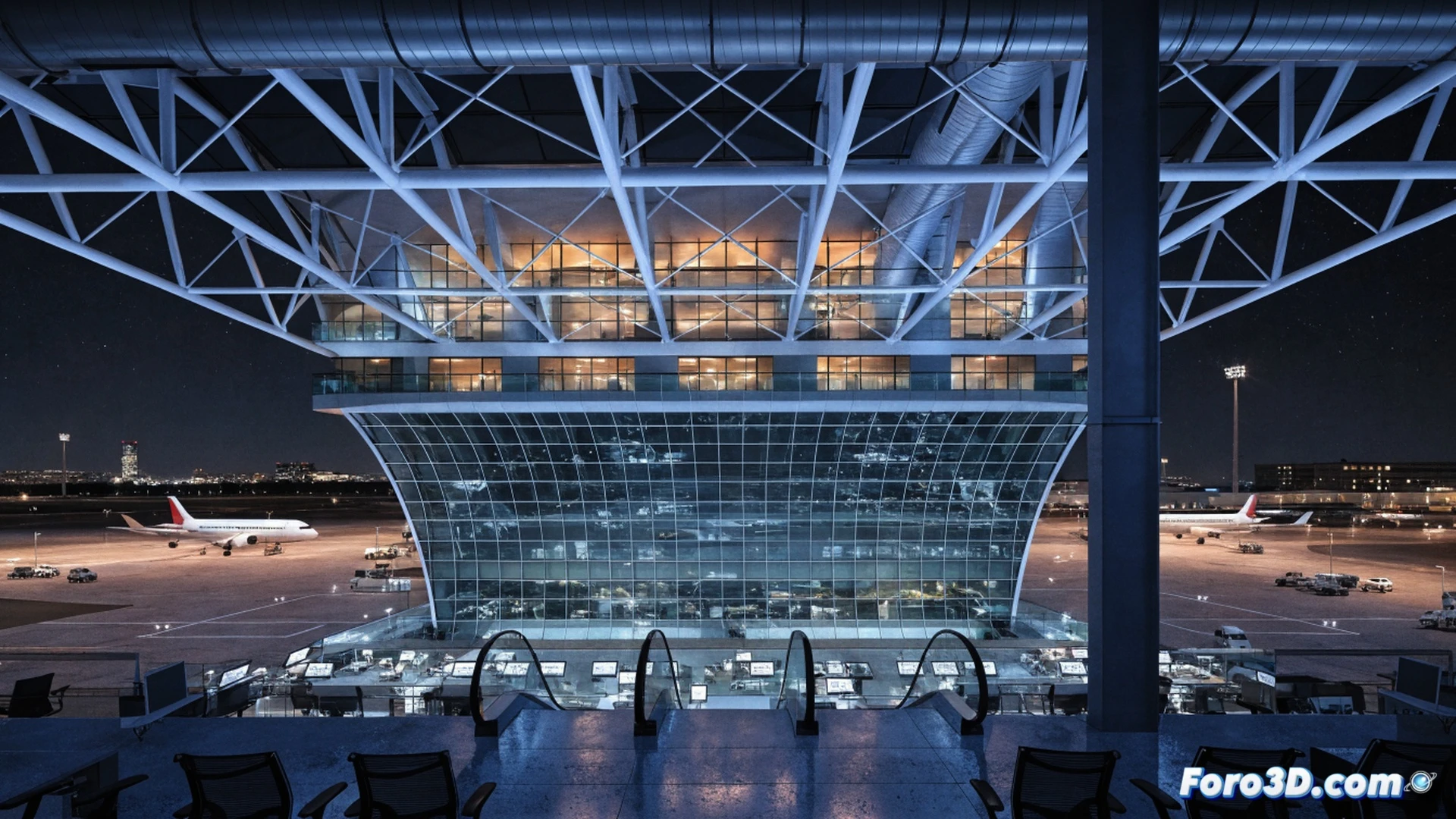 aeropuerto de Sendai con terminal moderna bajo cielo nublado, un ejecutivo señalando un panel de control digital mostrando datos de eficiencia operativa en tiempo real, pasajeros moviéndose rápidamente por pasillos luminosos mientras maletas pasan por escáneres de seguridad automatizados, gráficos de flujo de pasajeros y costos proyectados en pantallas táctiles, ingenieros revisando equipos de mantenimiento junto a una pista de aterrizaje, avión despegando al fondo, estilo cinematográfico técnico, iluminación industrial fría, texturas metálicas y vidrio, render fotorrealista con detalles nítidos de infraestructura aeroportuaria