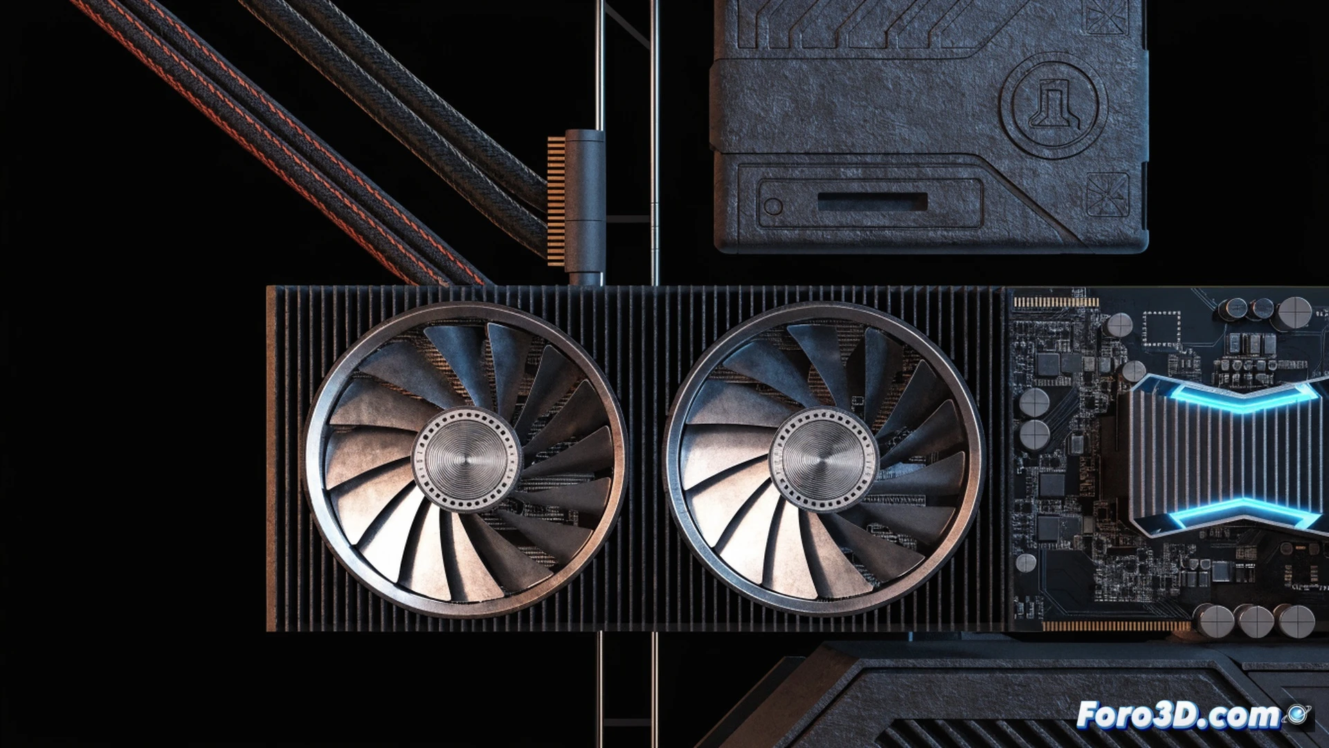 Asus ProArt GeForce RTX 5090 graphics card being inserted into a high-end workstation motherboard, silver metallic heatsink with intricate fin array, glowing PCB traces, hands of a creator adjusting the card while a 3D modeling timeline shows a paused complex render, desk cluttered with carbon fiber stylus and tablet, cinematic engineering visualization, dramatic side lighting reflecting off polished copper heat pipes, dust particles suspended in backlit air, photorealistic technical illustration, intense contrast between dark premium components and bright LED indicators.