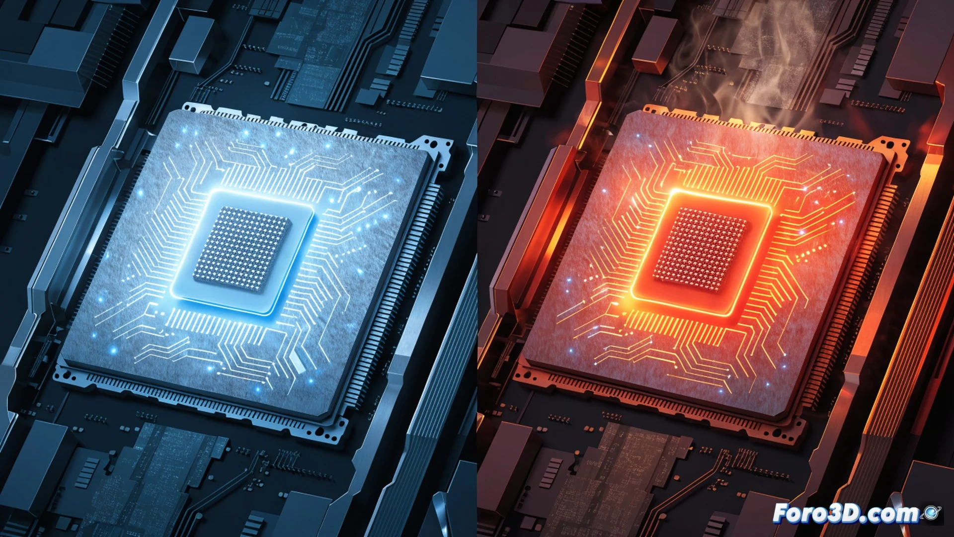 Modern processor thermal regulation scene, CPU chip glowing red-orange at 100 degrees during gaming load, heat sink fins radiating thermal waves, cooling fan spinning at high speed, dynamic voltage regulator throttling power downward, motherboard circuit traces pulsing with energy, temperature sensor icon flashing warning, cinematic engineering visualization, dramatic side lighting, metallic surfaces reflecting heat haze, photorealistic technical render, macro detail of silicon die with microscopic thermal throttling action