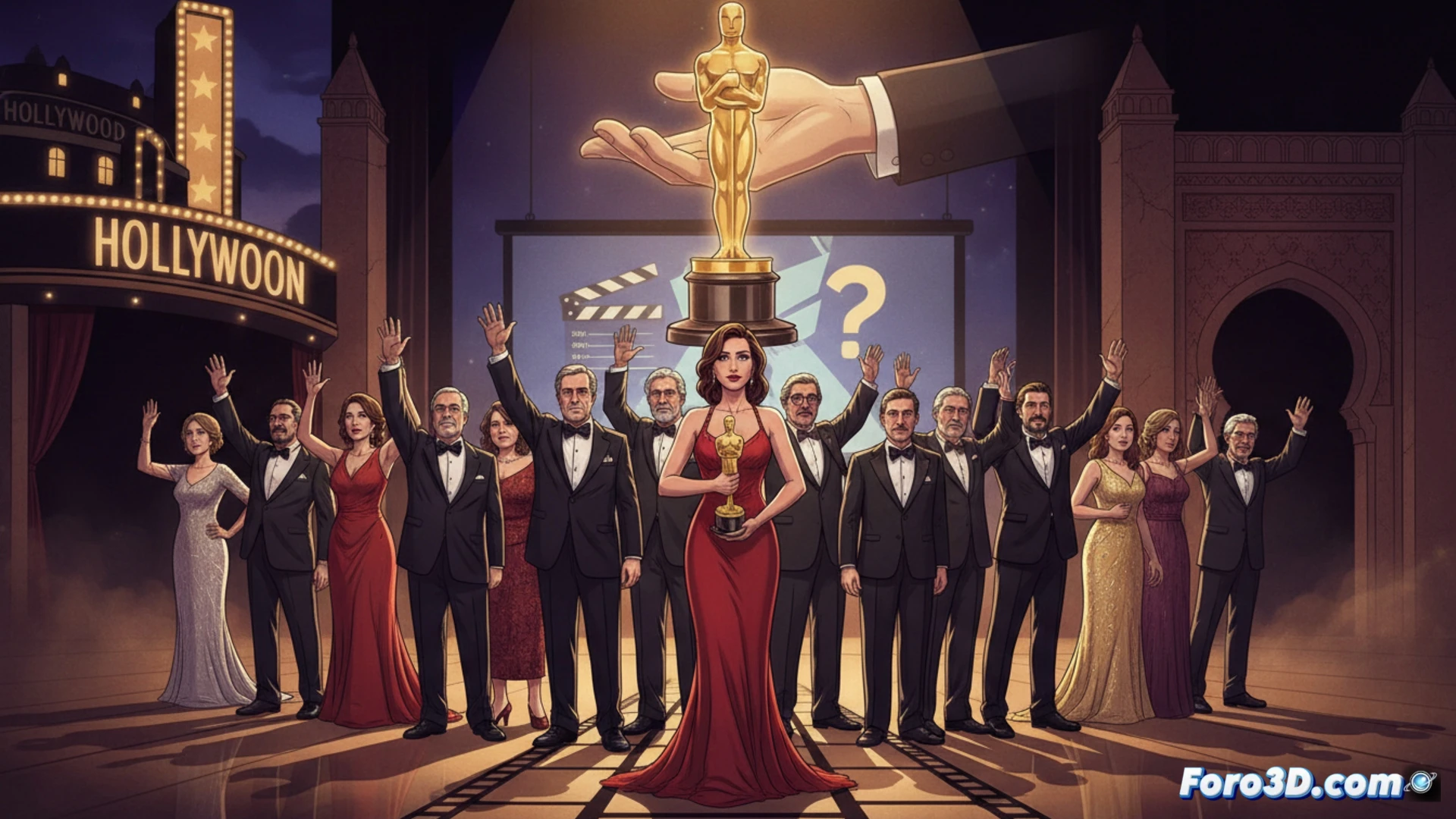 Spanish film producers standing beside a clapperboard and stacked film reels, one producer holding a glowing Oscar statuette with a red crossed-out circle over the director figure on the base, another producer pointing at a financial spreadsheet and a film budget projector screen showing funding charts, while a third producer operates a camera crane and lighting rig on a movie set, cinematic photorealistic style, dramatic spotlight illuminating the producers, deep shadows on empty director chair in background, metallic clapperboard reflection, ultra-detailed wood grain and leather textures, professional film studio environment