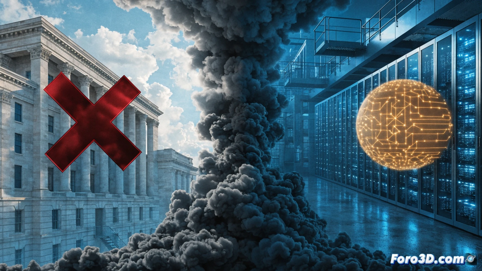 photorealistic technical illustration, a massive digital firewall shaped like a wall of code blocks a diverse crowd of silhouetted users from reaching a glowing AI interface, while behind the wall corporate executives in suits pull levers labeled with padlocks and dollar signs, the AI interface shows a loading bar stuck at zero percent, frustrated citizens hold smartphones displaying grayed-out apps, dramatic side lighting casts long shadows, dark blue and red color palette, ultra-detailed server racks and holographic data streams in background, cinematic engineering visualization