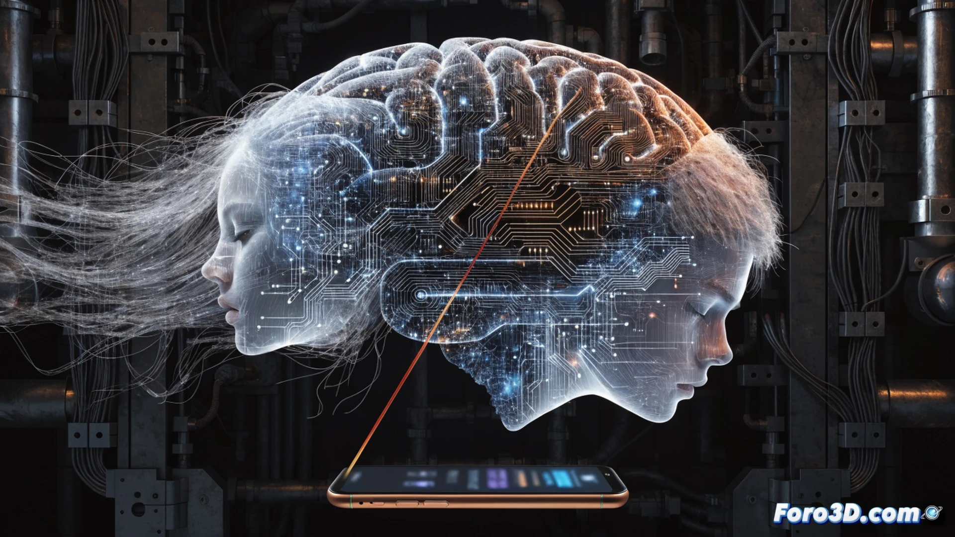 A teenager holding a smartphone stares at a blank screen while a giant robotic hand with glowing algorithm symbols manipulates the phone from above, parents and teachers standing idly in the background, digital addiction chains wrapping around all ages, not just the youth, photorealistic technical illustration, dramatic chiaroscuro lighting, metallic surfaces reflecting blue and red light, dust particles floating in air, cinematic composition, ultra-detailed textures, high contrast shadows, realistic human expressions of confusion and resignation