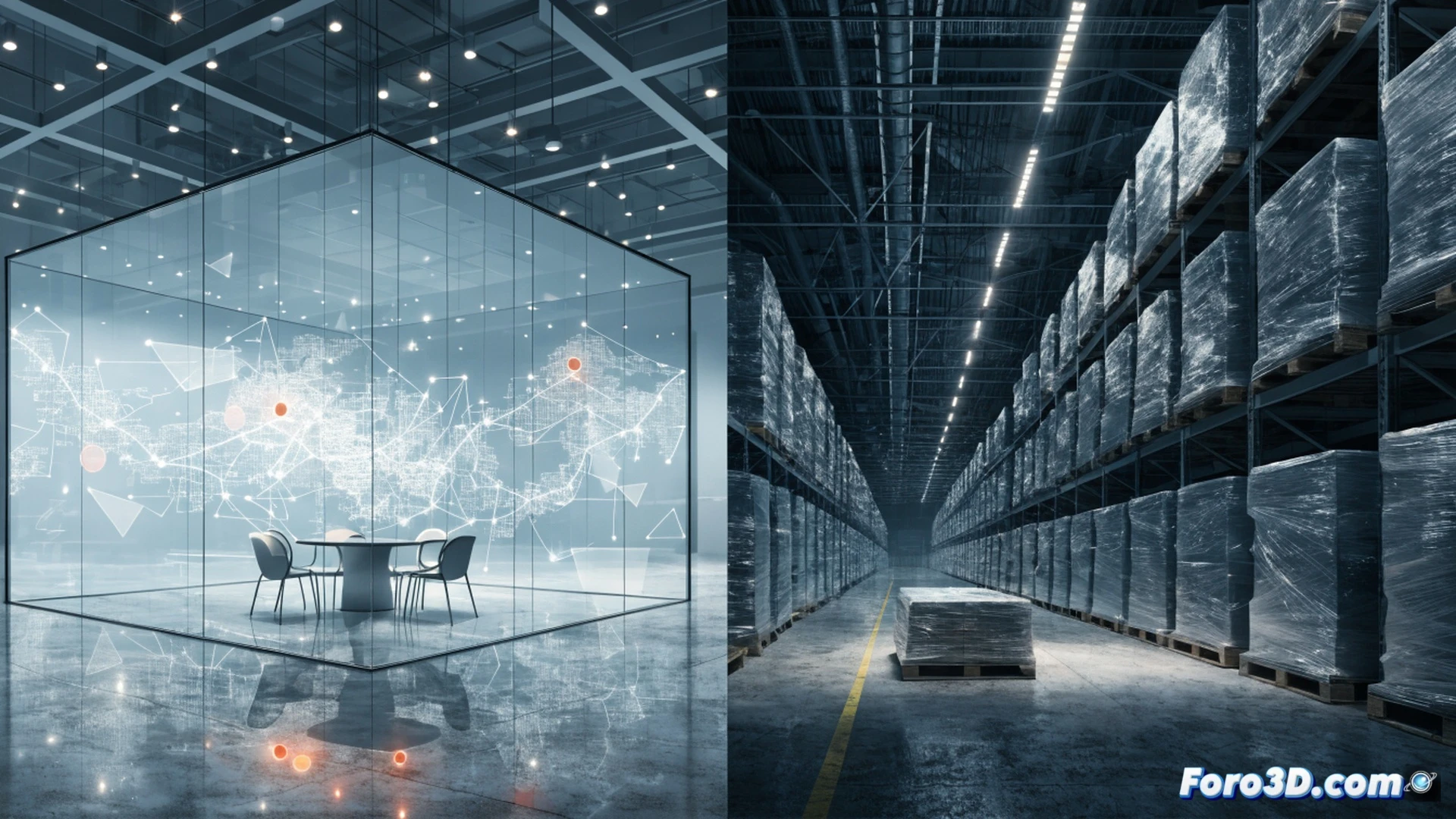 Aerial view of two massive logistics warehouses facing each other across a cracked negotiation table, a glowing 14.6 billion euro hologram being pushed away by a robotic arm labeled Segro, broken deal documents scattered on the floor, Prologis digital tablet showing a rejected offer, cinematic engineering visualization, photorealistic industrial lighting, metallic textures, dramatic shadows, high-contrast corporate atmosphere, ultra-detailed warehouse architecture with loading docks and trucks, tension visible in the scene