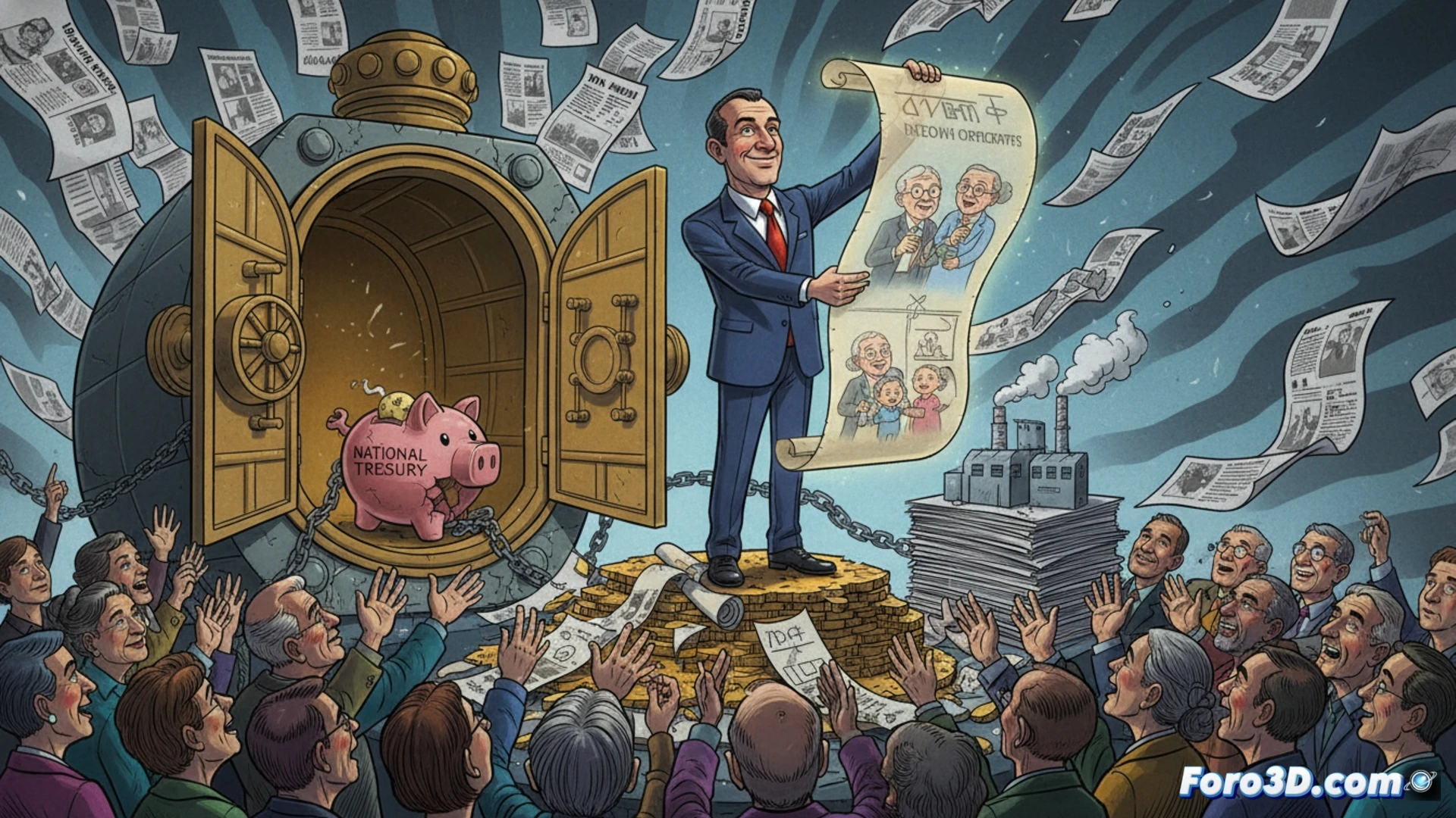 political propaganda scene, a politician's hand releasing blank checks into the air while a budget document lies torn on a desk, an empty glass piggy bank in the foreground, a calculator displaying zero balance, a microphone with a broken cable hanging nearby, photorealistic technical illustration, dramatic overhead lighting casting long shadows, metallic surfaces reflecting distorted faces, cold blue and grey color palette, ultra-detailed textures of paper fibers and plastic components, cinematic composition with shallow depth of field, high-contrast chiaroscuro lighting