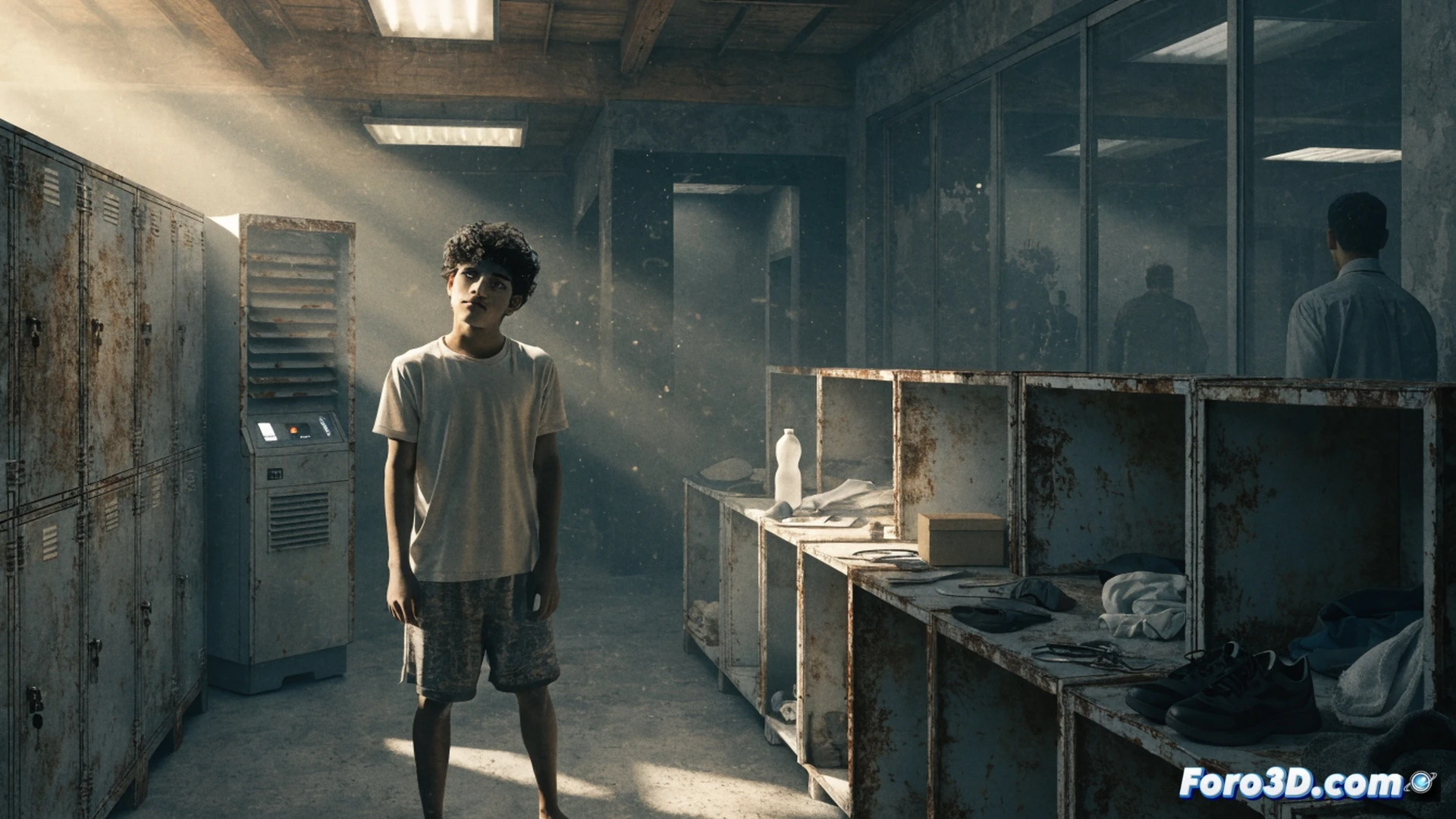 Adolescent cricketer in full white uniform standing alone outside a modern stadium locker room, door with age restriction sign partially open revealing senior teammates inside, his cricket kit bag on the floor, security guard observing nearby, dramatic contrast between bright outdoor daylight and dim interior, concrete walls and metal benches visible through gap, cinematic photorealistic style, deep shadows, strong emotional tension, professional sports architecture details, realistic fabric textures, late afternoon golden hour lighting