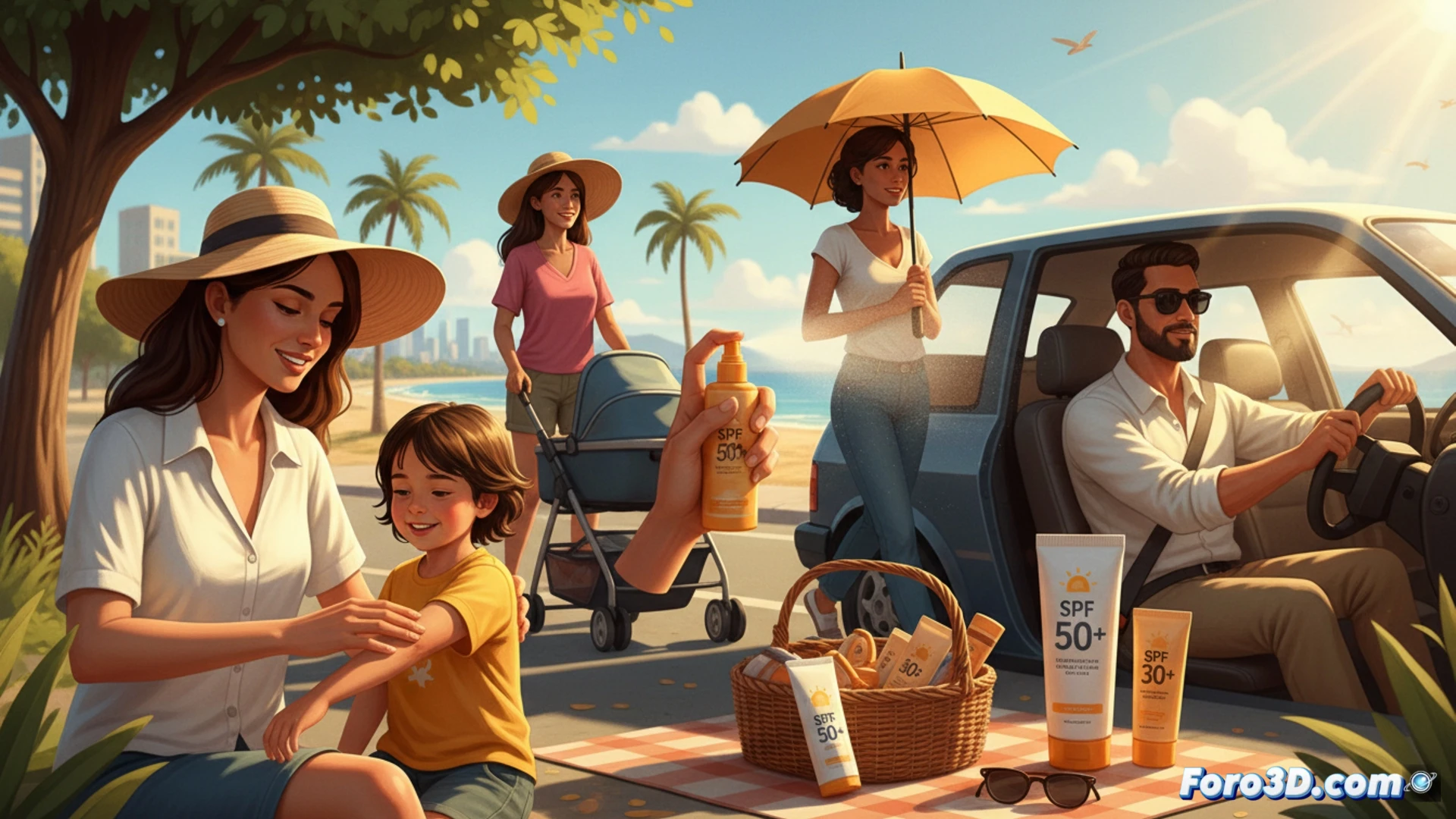 photorealistic cinematic scene of a woman applying sunscreen on her forearm while standing by a large window with bright sunlight streaming in, UV rays visualized as soft glowing lines hitting her skin, a smartwatch on her wrist showing UV index data, a glass bottle of SPF 50 sunscreen on a wooden table beside a laptop displaying a sun safety app, sunlit dust particles floating in the air, warm golden hour lighting, hyper-detailed skin texture, soft bokeh background, technical health visualization style