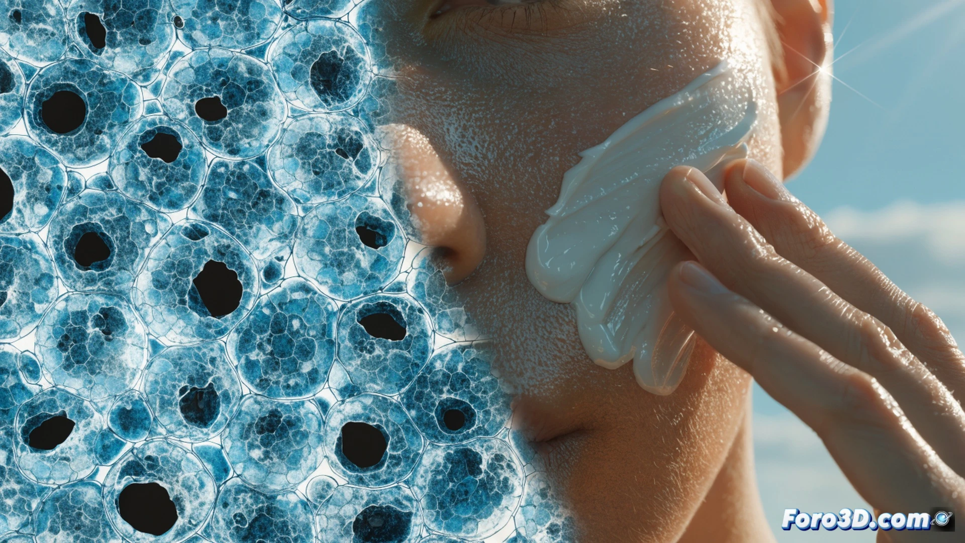 Photorealistic medical illustration of human skin cross-section, sunscreen molecules forming a protective barrier on epidermis while UV radiation rays are reflected and scattered, melanocytes shown producing melanin beneath, healthy skin cells vs damaged ones visibly contrasted, dermatological diagram style with glowing protective layer, scientific visualization of sun protection mechanism, detailed cellular structures, soft clinical lighting, technical medical render
