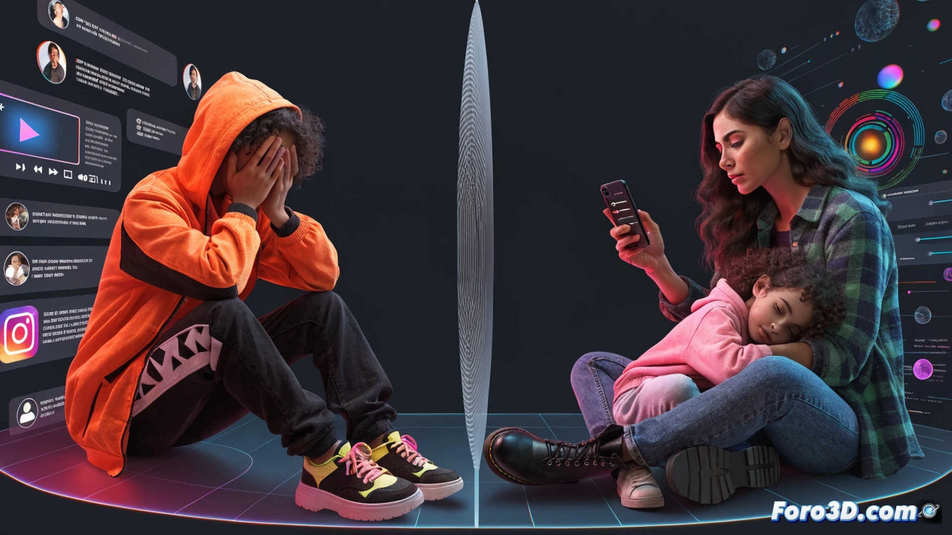 adult hand placing a parental control app icon on a smartphone screen while a child's hand reaches toward the device, digital lock symbol hovering above, social media logos like Instagram and TikTok fading into shadow, glowing blue shield emerging from the phone, cinematic photorealistic style, dramatic side lighting, dark room with warm backlight, protective gesture, ultra-detailed skin texture and screen reflections, technical illustration of digital safety