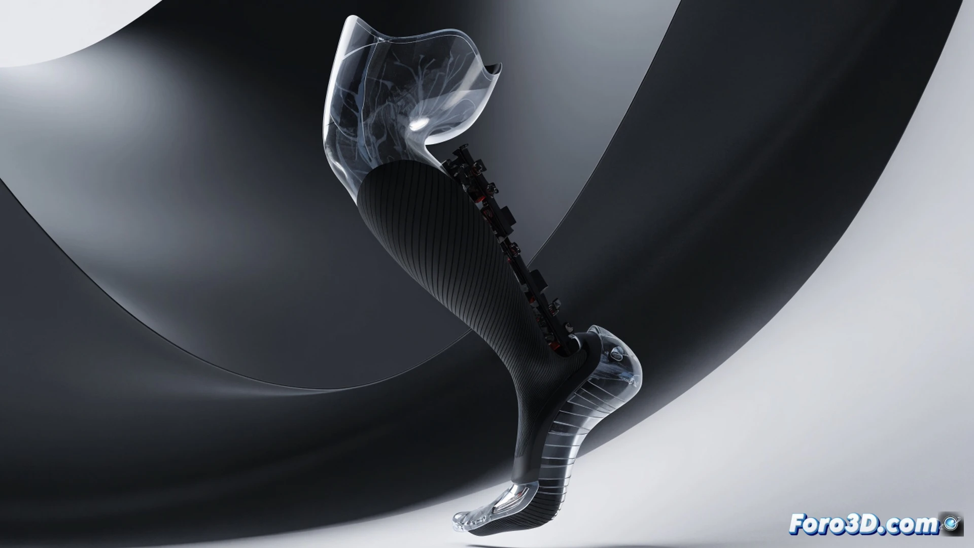 Photorealistic engineering visualization showing a 3D-printed prosthetic socket being scanned by a handheld blue-light 3D scanner, artificial intelligence neural network nodes glowing in translucent blue overlay around the residual limb model on a monitor, biomechanical pressure mapping data projected onto the socket interior surface, eliminating friction points, robotic arm precisely adjusting the socket geometry during real-time fitting process, medical workshop environment with carbon fiber materials and CAD software interface visible in background, dramatic side lighting highlighting layered 3D print lines and smooth inner surface, ultra-detailed texture of flexible lattice structure, cinematic depth of field, industrial precision aesthetic