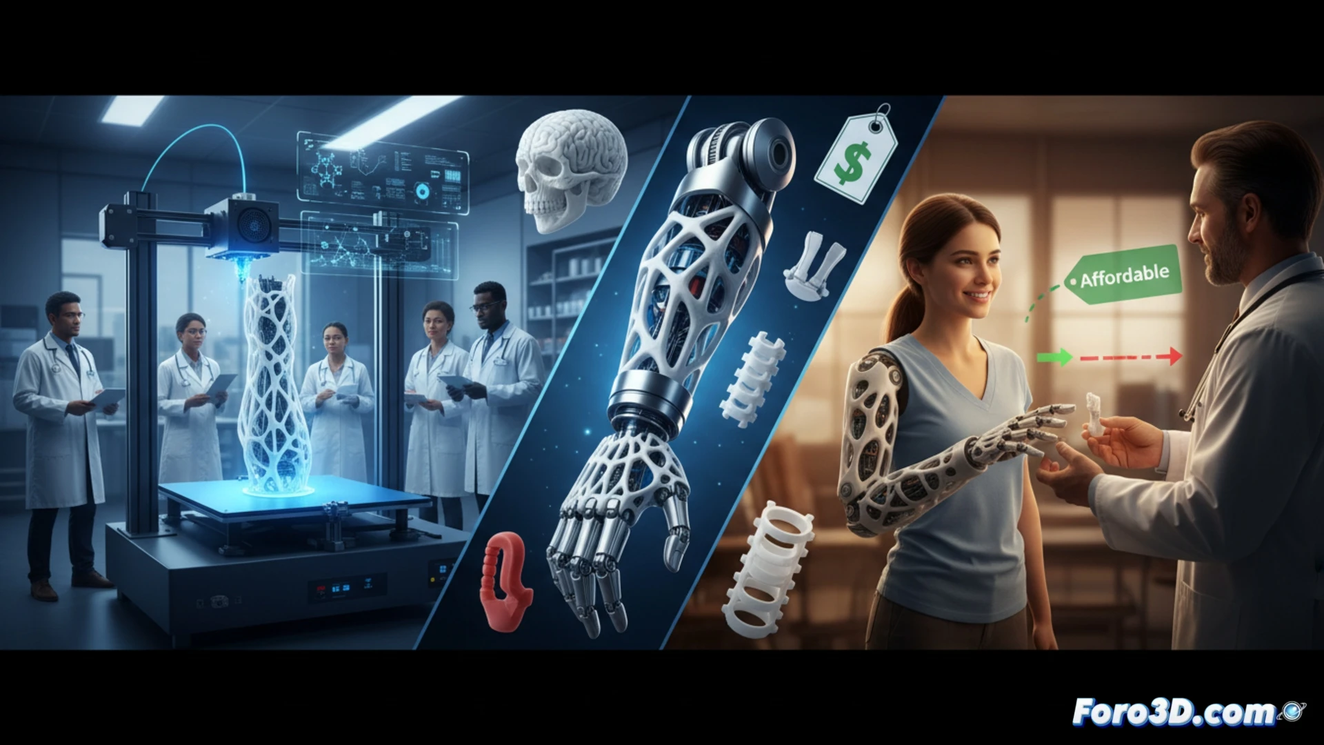 Una mano protésica impresa en 3D, con detalles anatómicos personalizados, sobre un fondo médico azul claro. Junto a ella, una pantalla digital muestra modelos 3D de prótesis óseas y guías quirúrgicas. En primer plano, un cronómetro marca 3 horas y un símbolo de precio reducido, simbolizando rapidez y bajo costo. La iluminación suave resalta la precisión y accesibilidad del tratamiento.
