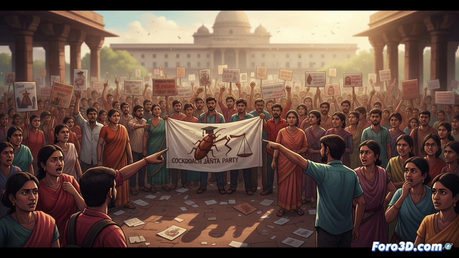Estudiantes y padres protestando en Jantar Mantar, Nueva Delhi, sosteniendo pancartas de cartón con símbolos de exámenes tachados, una persona mostrando un documento oficial roto mientras otra sostiene una lupa sobre un calendario de fechas de pruebas, fondo con monumento histórico de piedra roja, multitud agitando puños, mochilas escolares en el suelo, luz solar intensa de mediodía, sombras duras, estilo cinematográfico documental, fotorealismo, ángulo contrapicado, polvo levantado por el movimiento, expresión de frustración visible en rostros, composición dinámica.