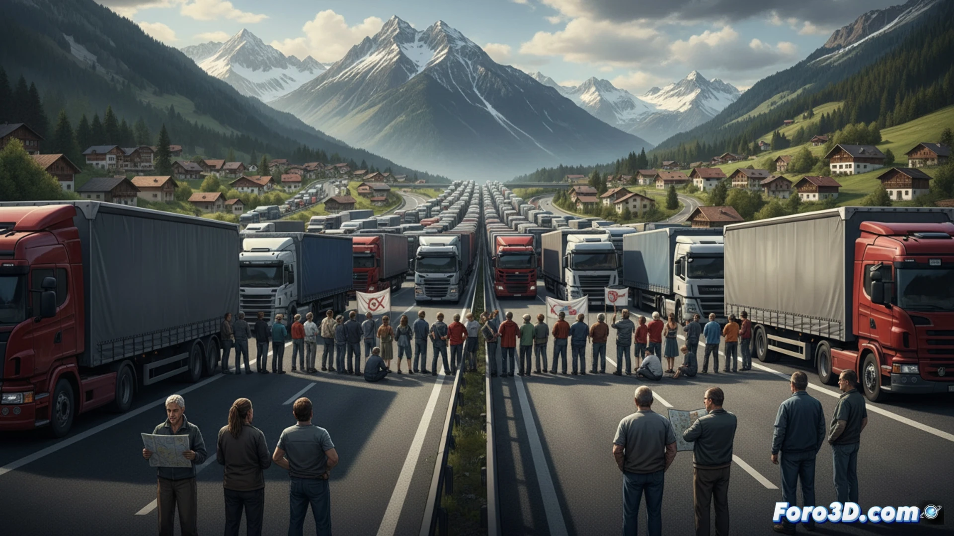 aerial view of Brenner motorway completely blocked by a massive line of stationary trucks stretching into the distance, angry residents holding protest signs near a makeshift barrier, empty road surface reflecting grey sky, towering Alpine mountains in background, contrasting with a small detour route clogged with cars, cinematic photorealistic style, dramatic overcast lighting, dust particles in air, ultra-detailed truck cabs and road markings, wide-angle lens emphasizing congestion scale