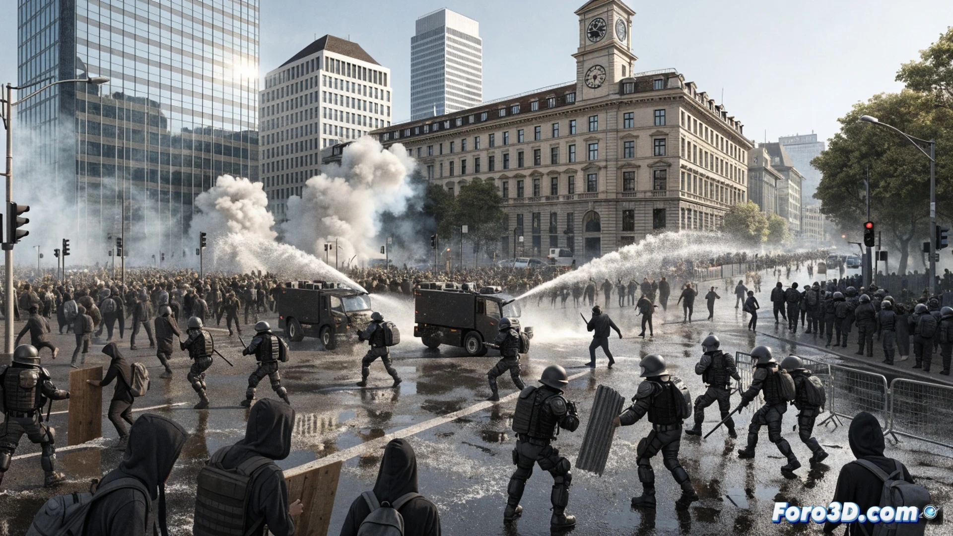 crowd of masked protesters throwing objects at riot police in Geneva streets during G7 summit, police deploying tear gas canisters and water cannon spraying high-pressure jet into the crowd, shattered glass on cobblestone pavement, smoke clouds mixing with water mist, traffic barriers overturned, luxury hotel entrance in background with security barricades, cinematic photorealistic style, wide-angle dynamic composition, dramatic chiaroscuro lighting from street lamps and vehicle headlights, motion blur on thrown projectiles and water streams, high-contrast gritty texture, detailed riot gear and gas masks, urban conflict atmosphere, technical illustration of crowd control escalation