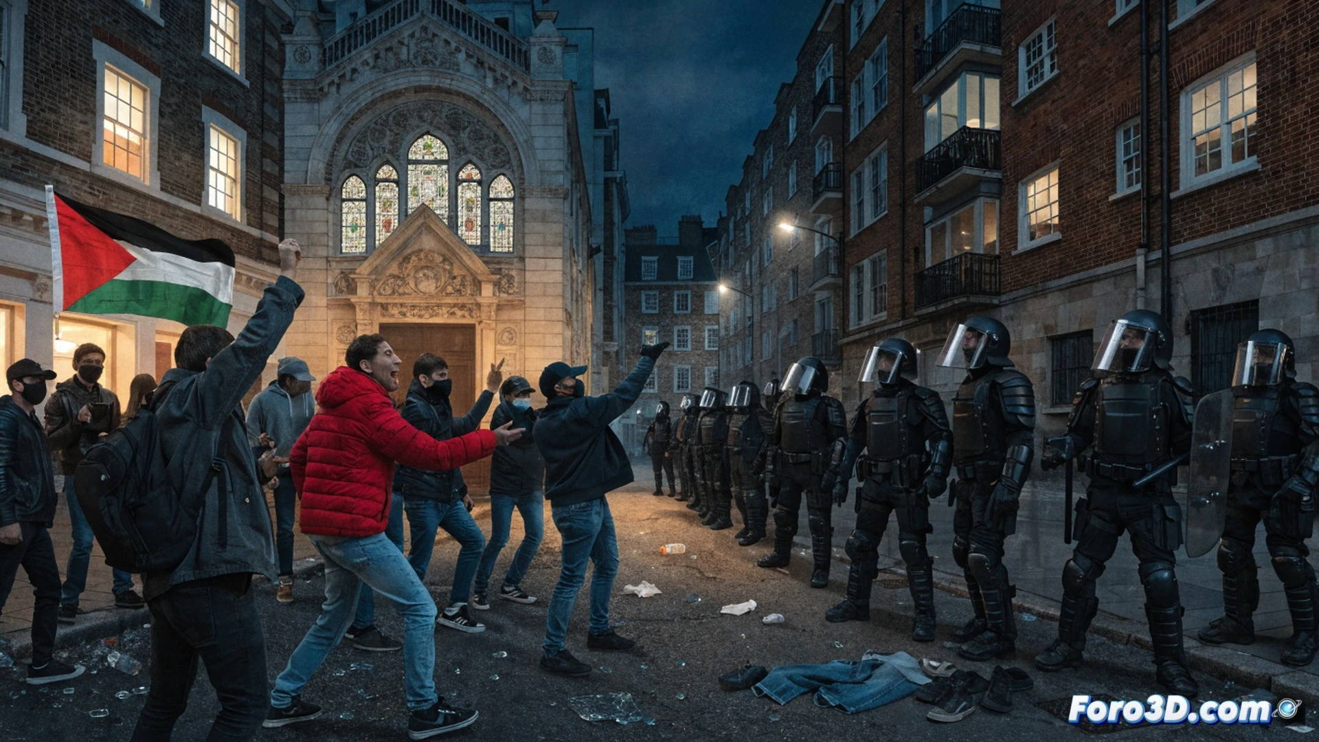 London street protest scene, crowd of demonstrators pushing against police barriers outside a synagogue, Israeli property sale banners being torn down, scuffle between protesters and counter-protesters, police officers making an arrest with handcuffs, smashed placard on ground, brick facade of synagogue visible in background, dramatic evening lighting with blue police lights flashing, photorealistic documentary style, wide-angle lens capturing tension, dust and motion blur adding urgency, ultra-detailed faces and clothing textures, cinematic conflict photography