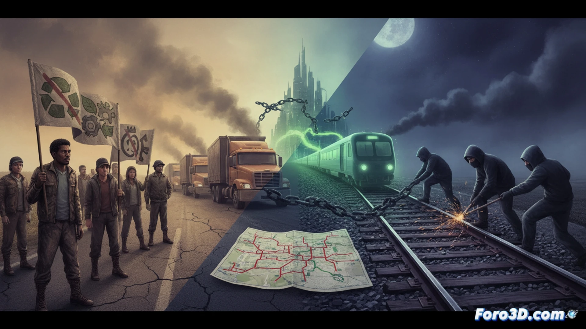 Aerial view of a congested highway with diesel trucks emitting thick exhaust fumes, while a parallel railway track shows sabotaged signals and damaged rails, a group of protesters holding signs near the highway overpass, contrast between clean electric train infrastructure and polluting truck traffic, cinematic wide shot, photorealistic style, dramatic overcast sky, industrial haze, detailed road markings and steel tracks, environmental tension visible in the scene